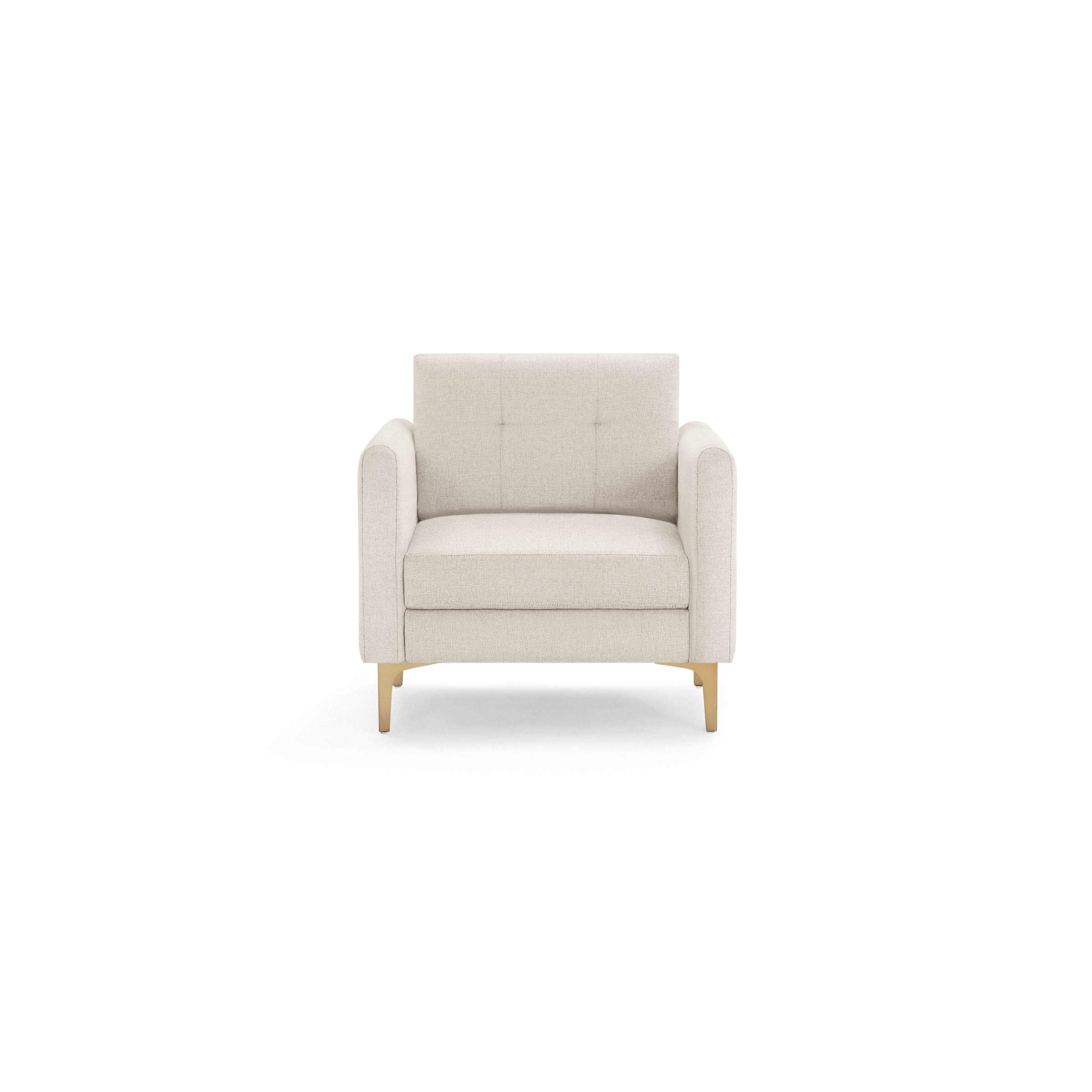 Beige upholstered armchair with tufted backrest, straight armrests, and gold-colored angled legs.