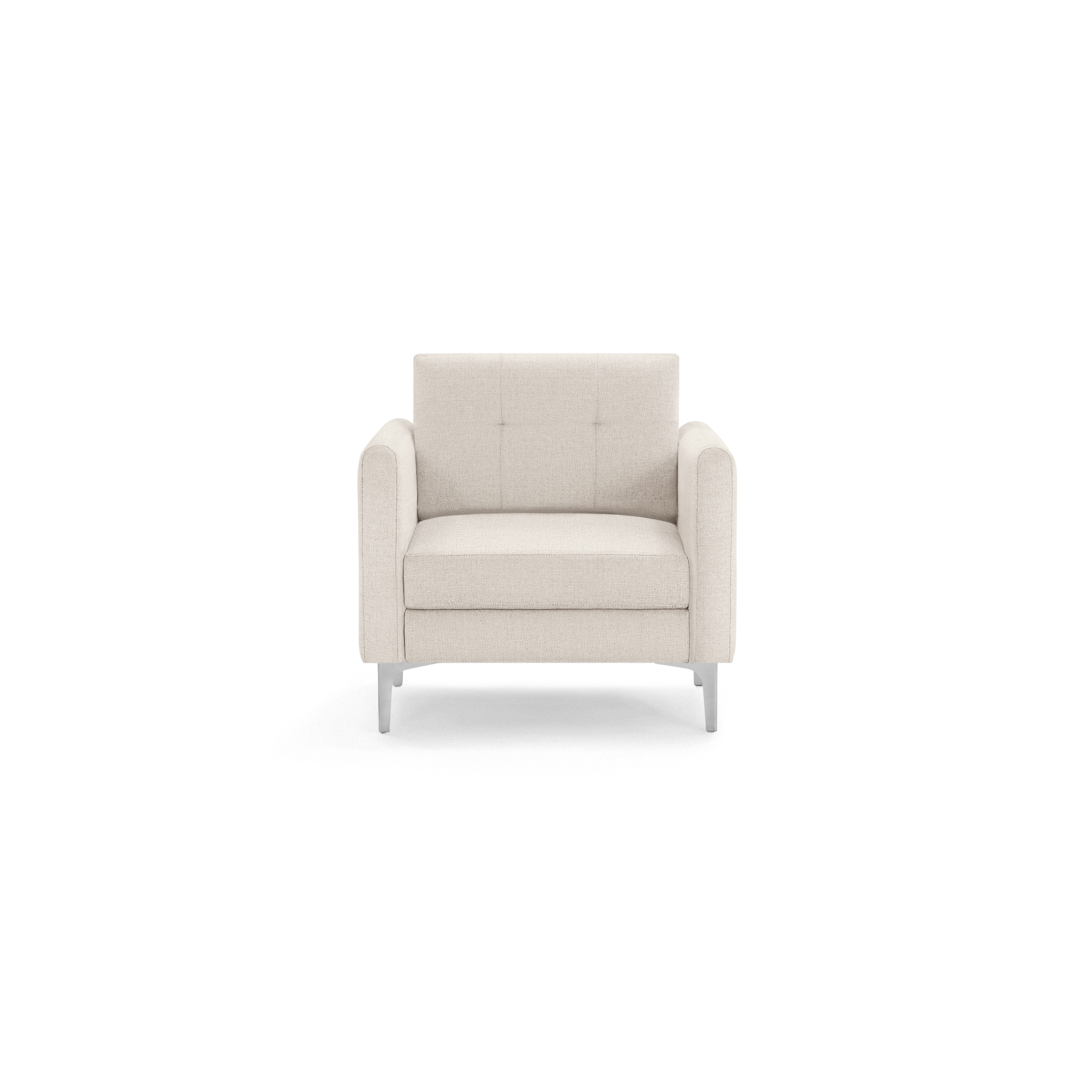 Light beige upholstered armchair with button-tufted backrest, cushioned seat, rounded armrests, and silver metal legs.