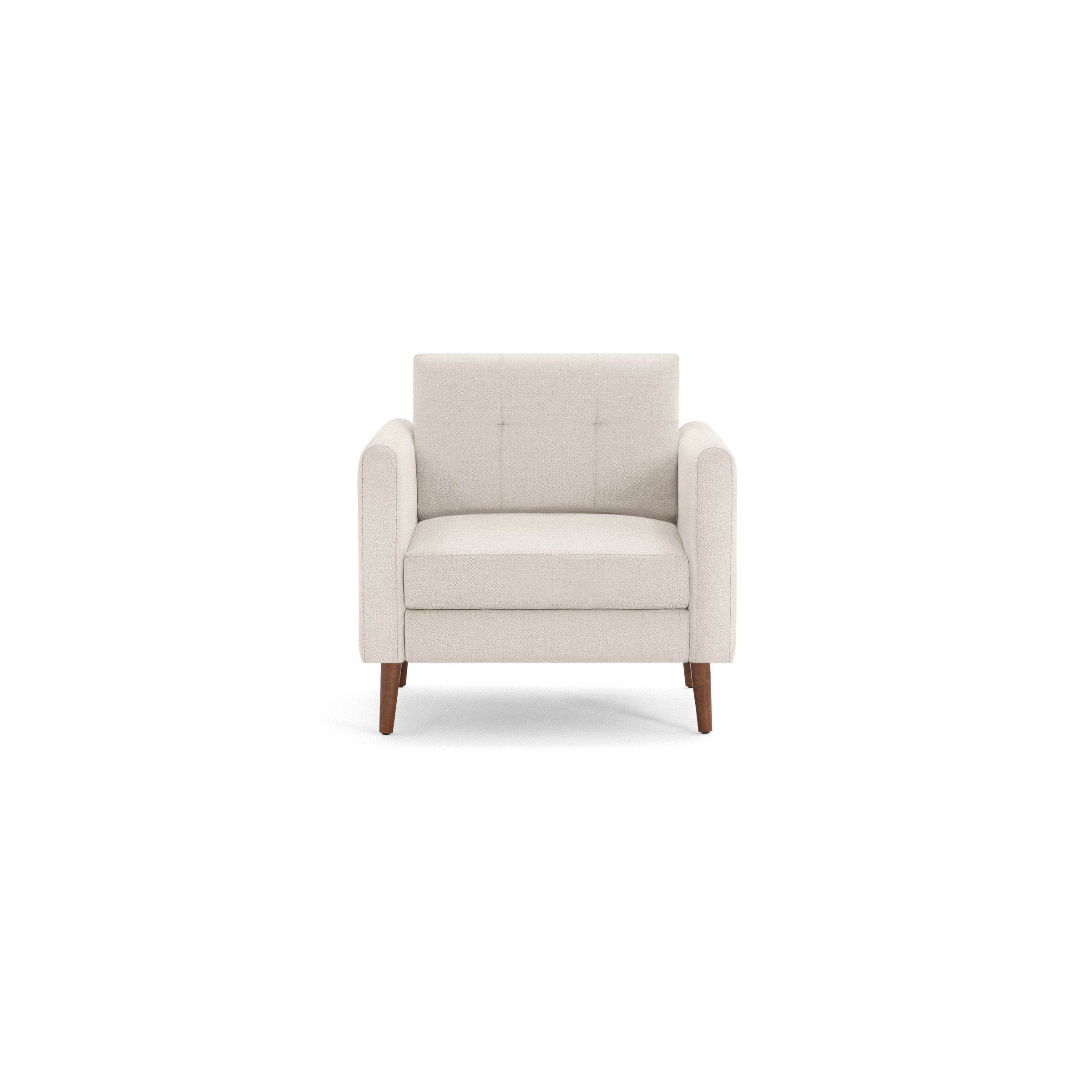 Beige fabric armchair with button-tufted backrest, cushioned seat, padded armrests, and wooden tapered legs, front view.