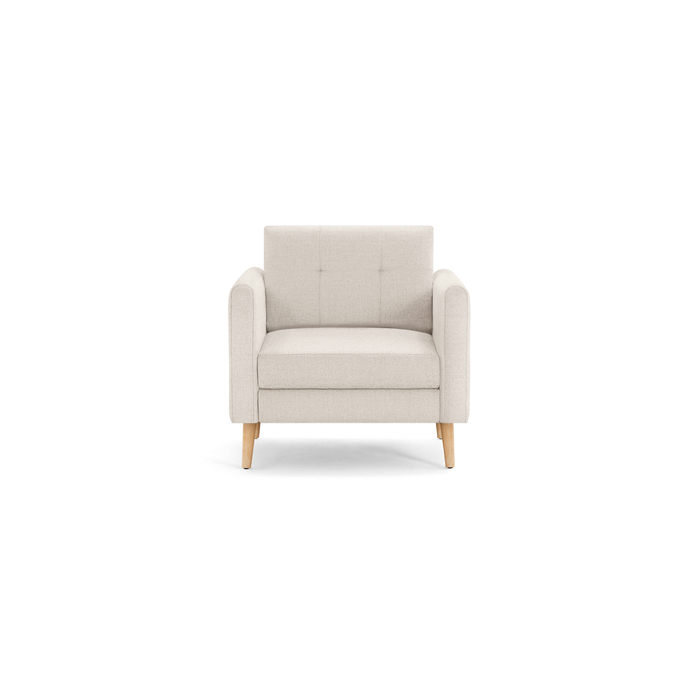 Beige upholstered armchair with tufted backrest, padded seat, square armrests, and wooden tapered legs, shown against black background.