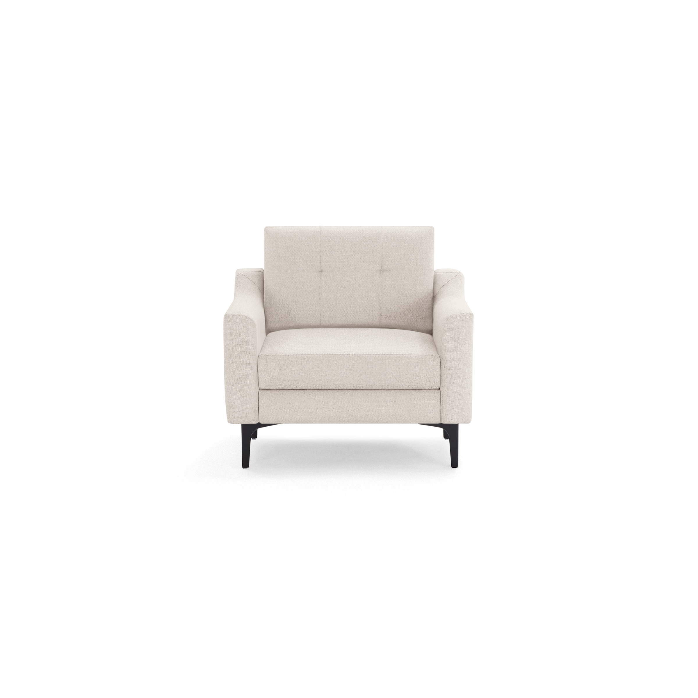 Modern beige fabric armchair with tufted backrest, wide armrests, and black angled wooden legs against white background.