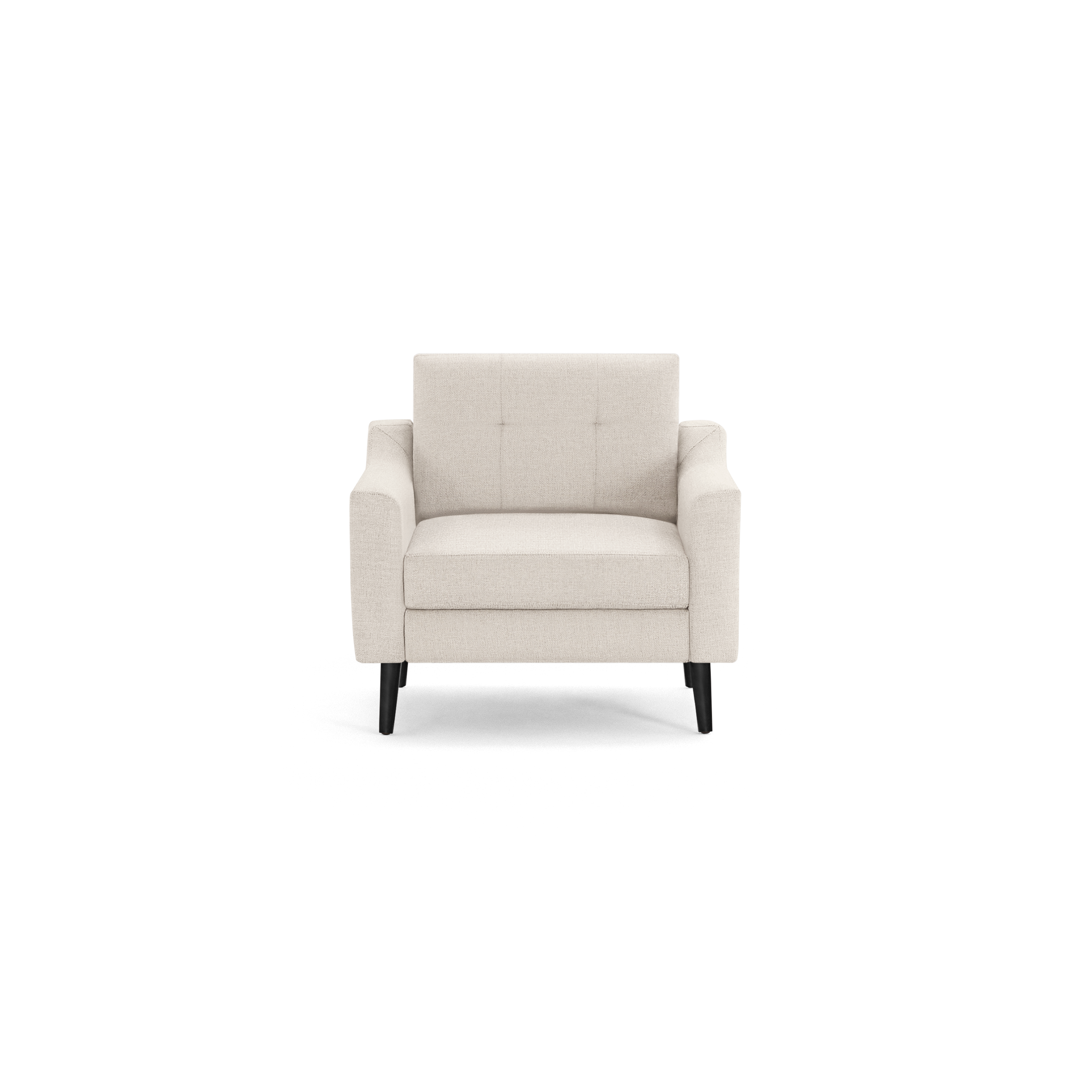 Beige upholstered armchair with tufted backrest, cushioned seat, and black wooden tapered legs, shown on white background.