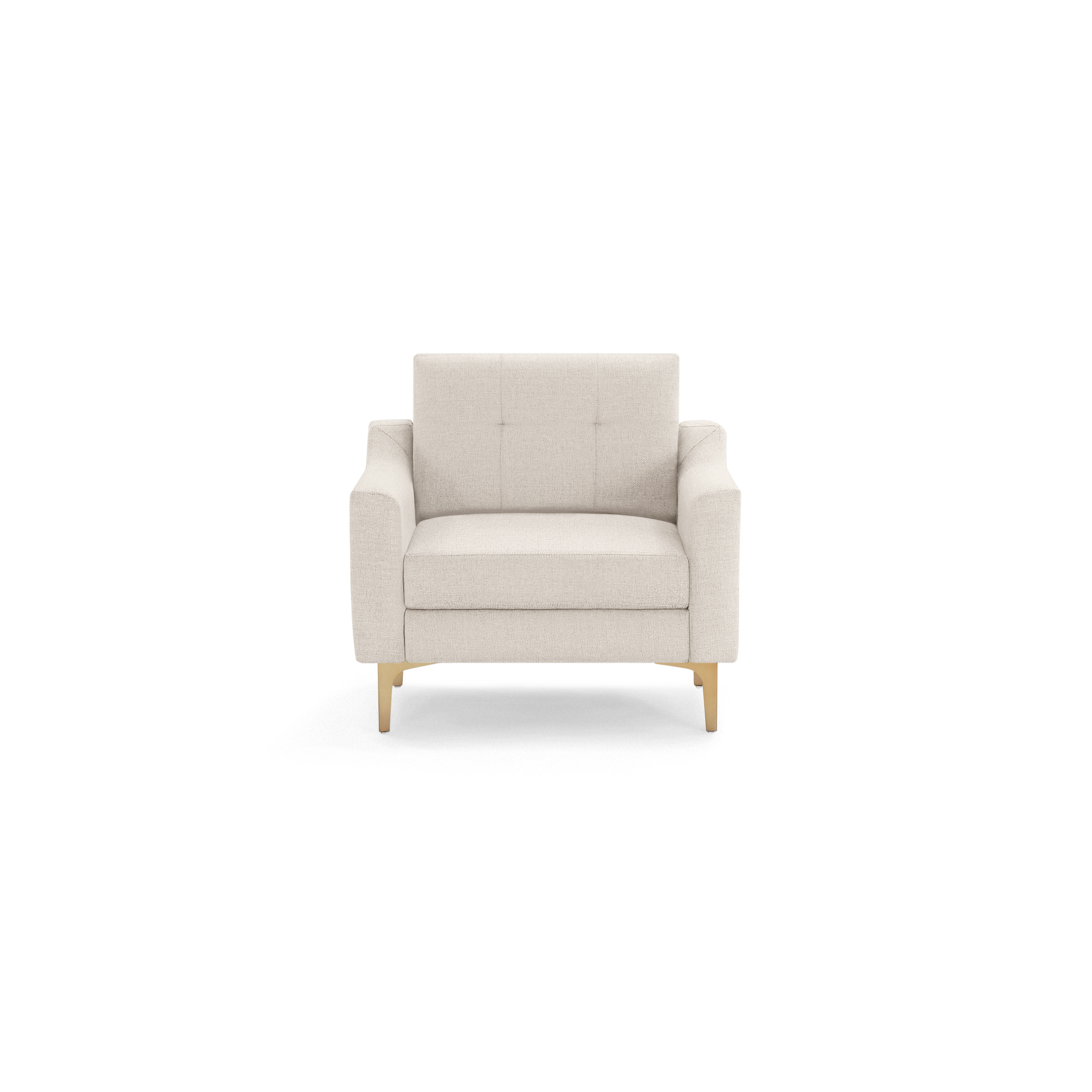 Modern beige upholstered armchair with tufted backrest, straight arms, and light wooden legs on black background.