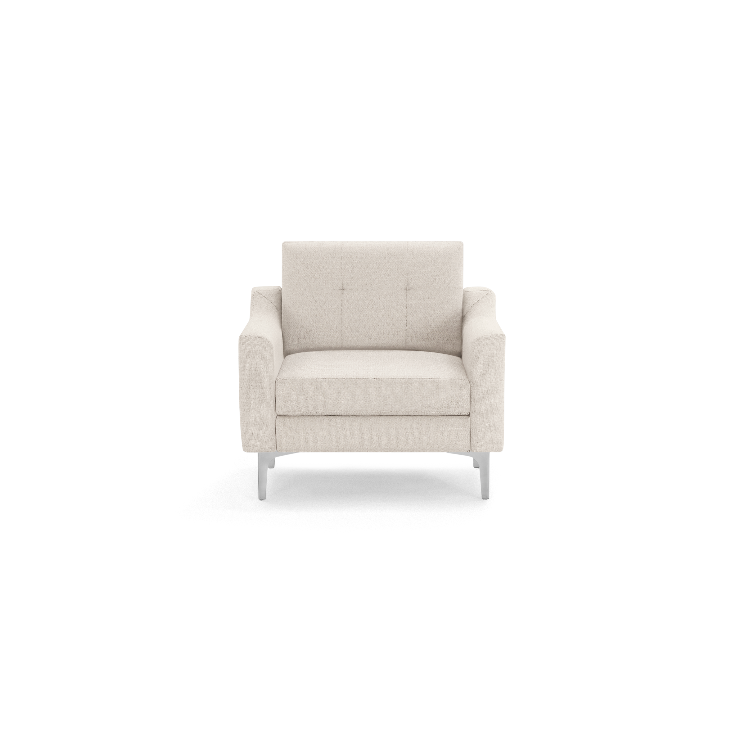 Modern beige upholstered armchair with clean lines, tufted backrest, wide armrests, and sleek silver metal legs, isolated on black background.