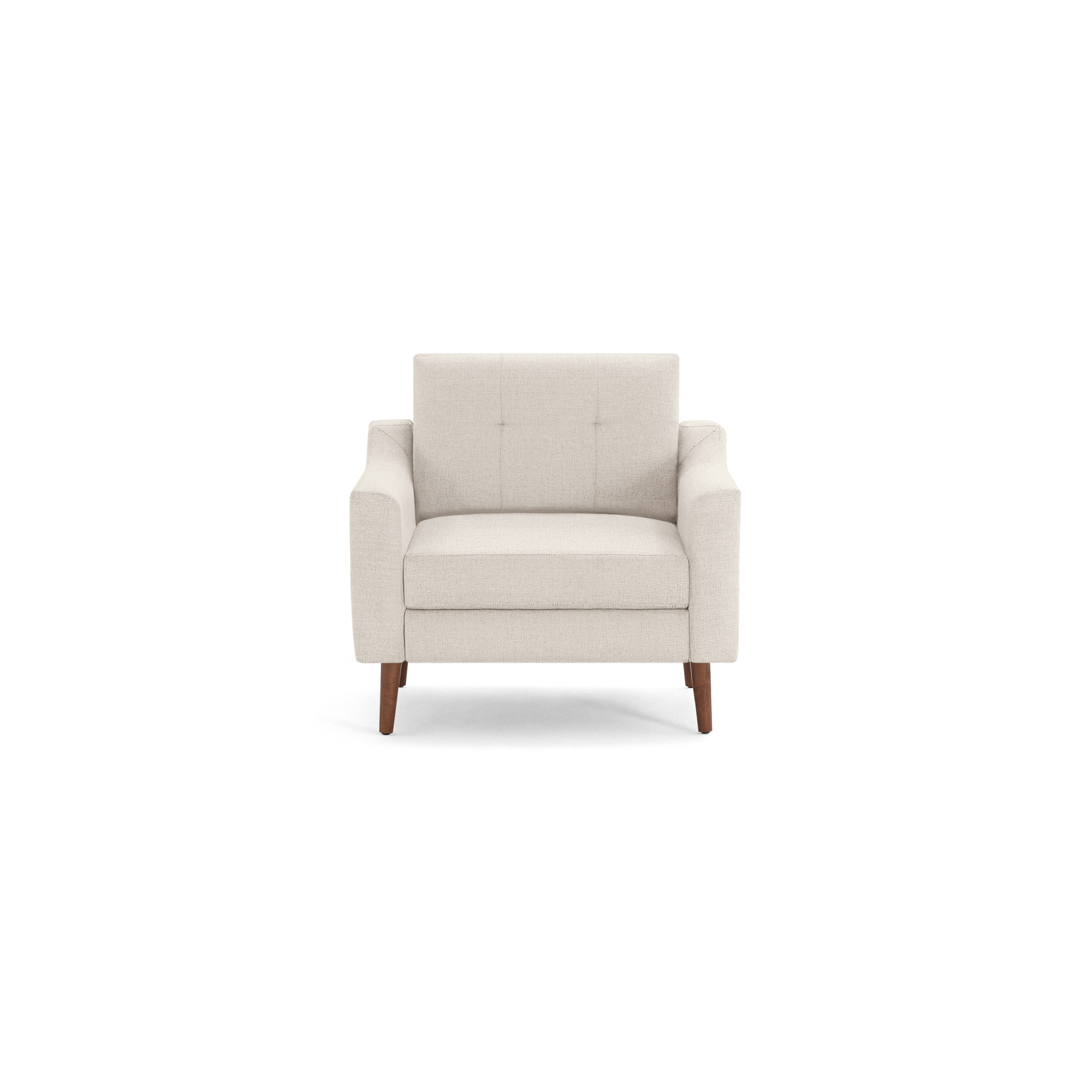 Cream-colored upholstered armchair with wooden legs and tufted backrest, modern and minimalist design.