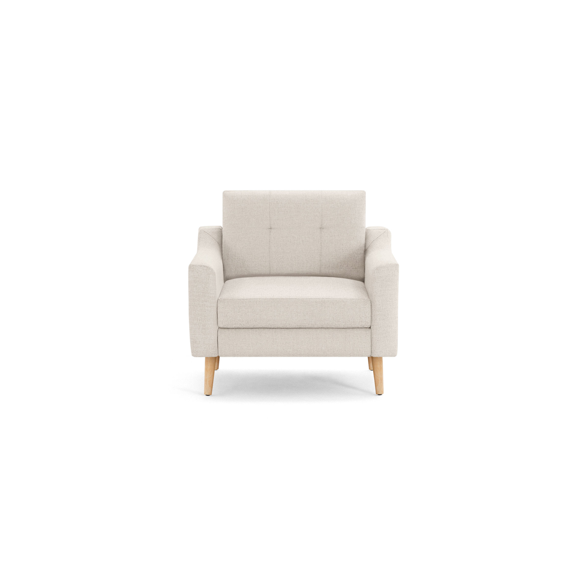 Beige fabric armchair with wooden legs, featuring a tufted backrest and cushioned seat, in a minimalist design.