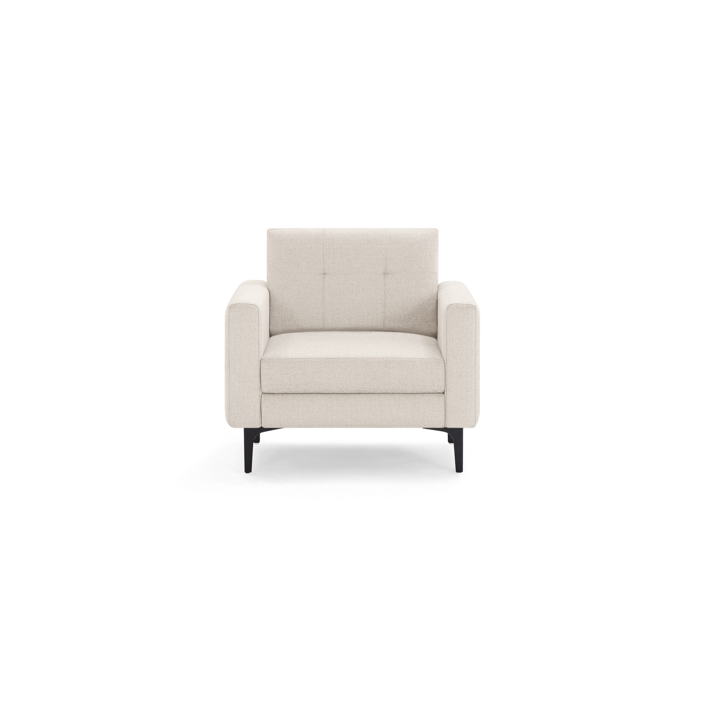 Cream-colored modern armchair with tufted backrest, cushioned seat, wide padded armrests, and black metal legs.