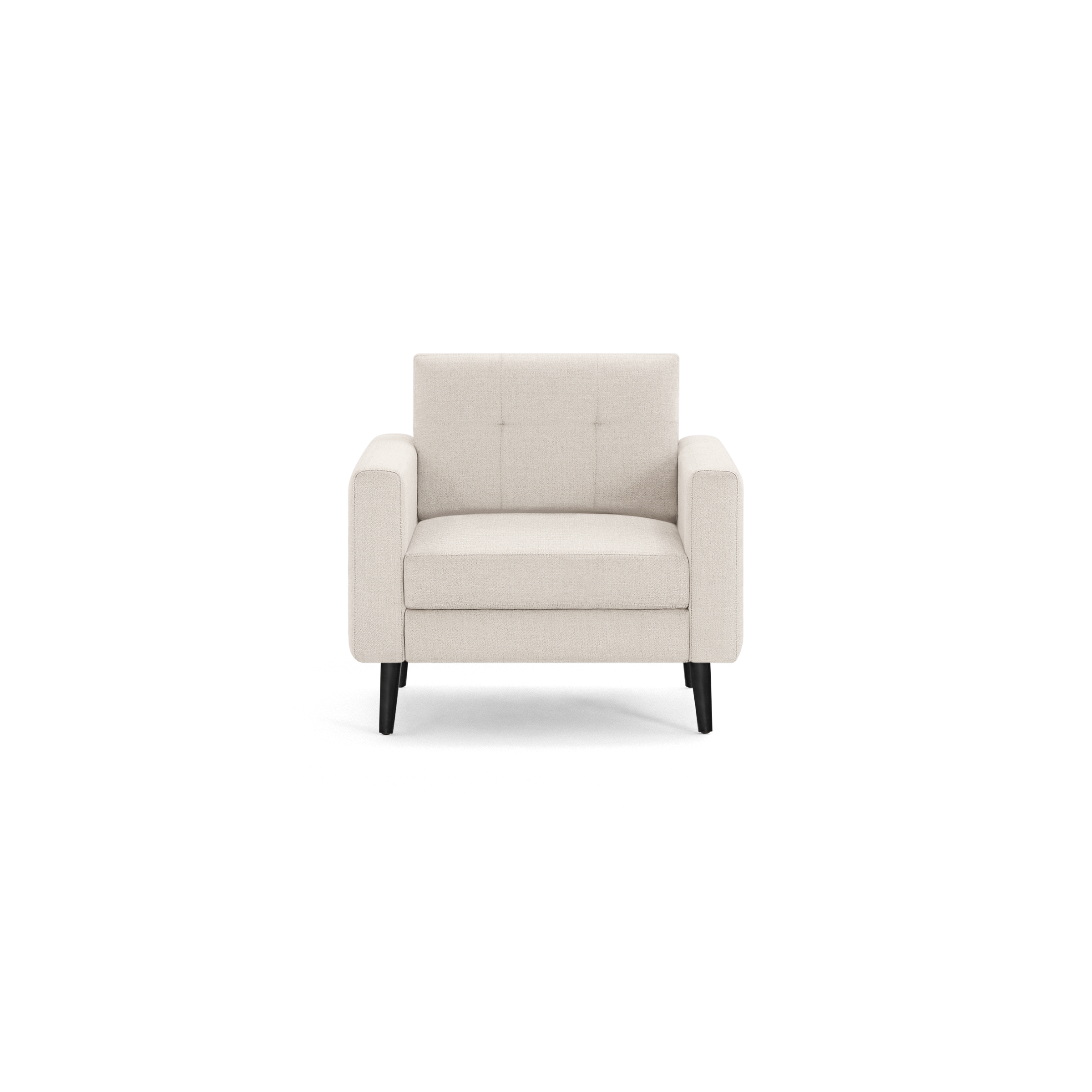 Modern beige fabric armchair with thick padded seat and backrest, straight armrests, and four black wooden legs.