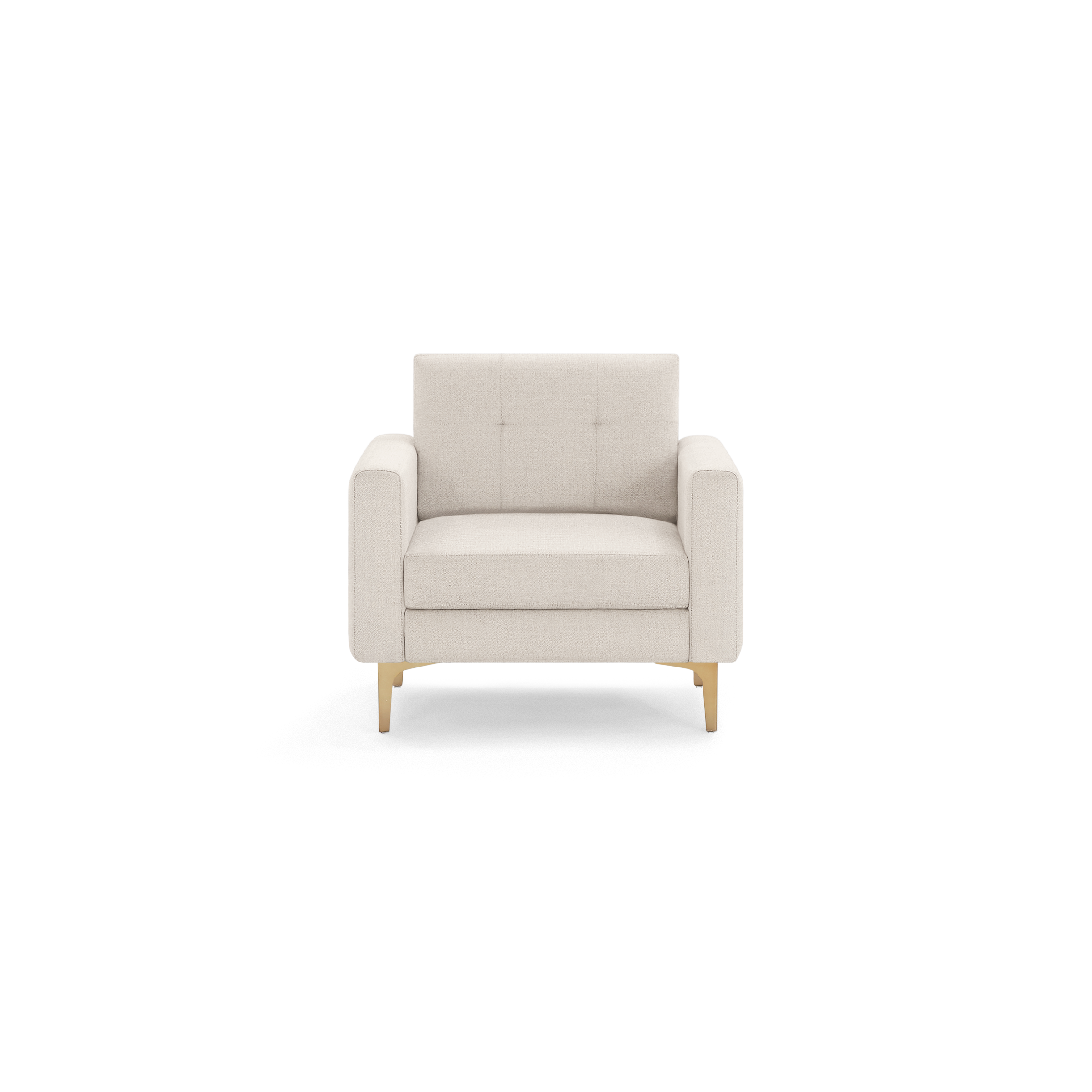 Beige upholstered armchair with square arms, tufted backrest, cushioned seat, and light wooden legs.