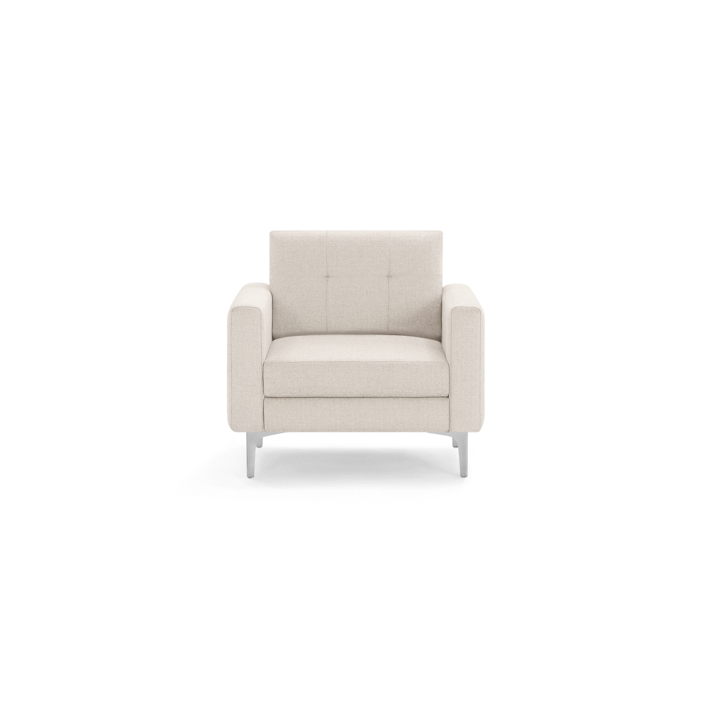Modern beige upholstered armchair with tufted backrest, wide padded arms, and sleek metal legs, shown from the front on a white background.