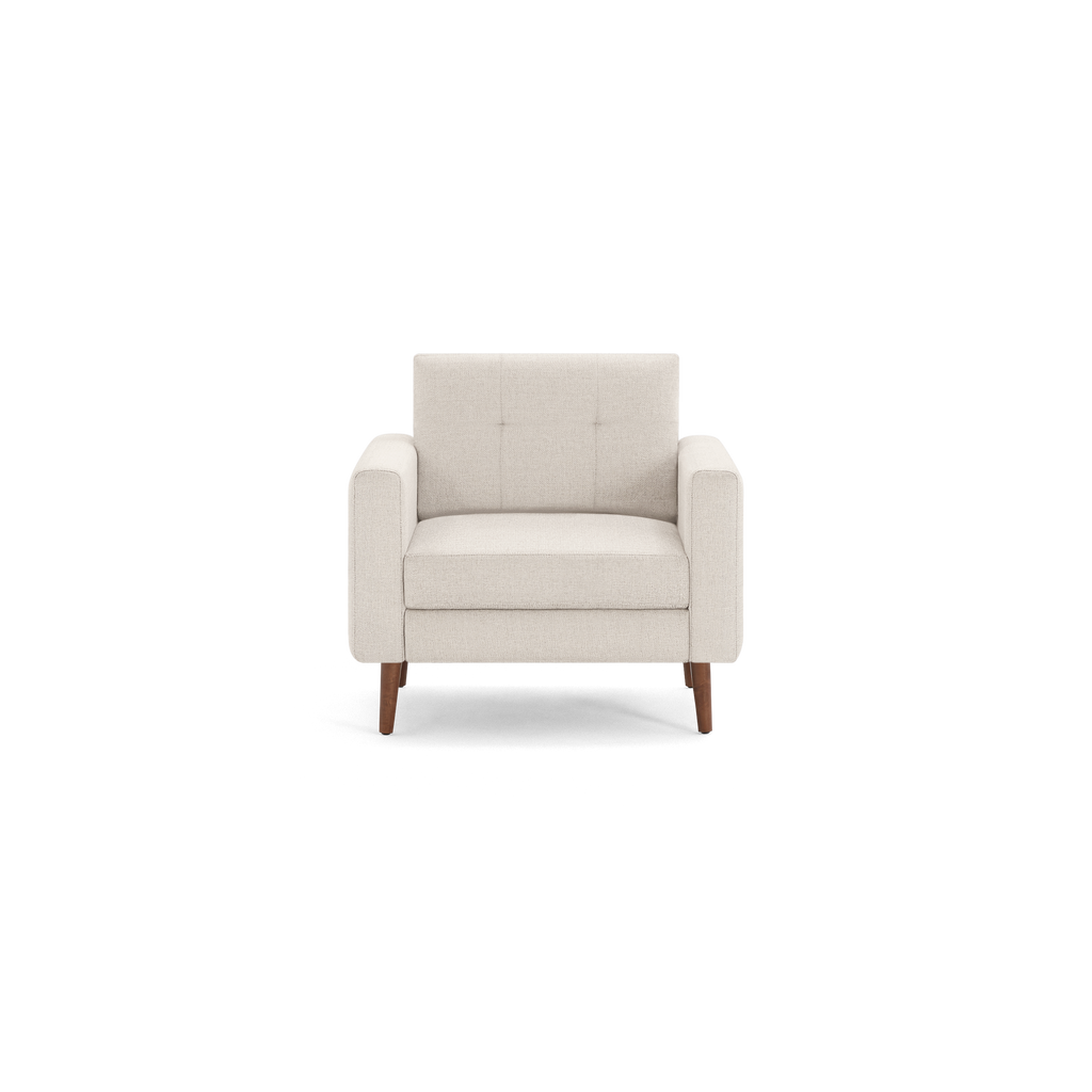 Front view of a beige upholstered armchair with wooden legs and square armrests, showcasing a modern, minimalist design.