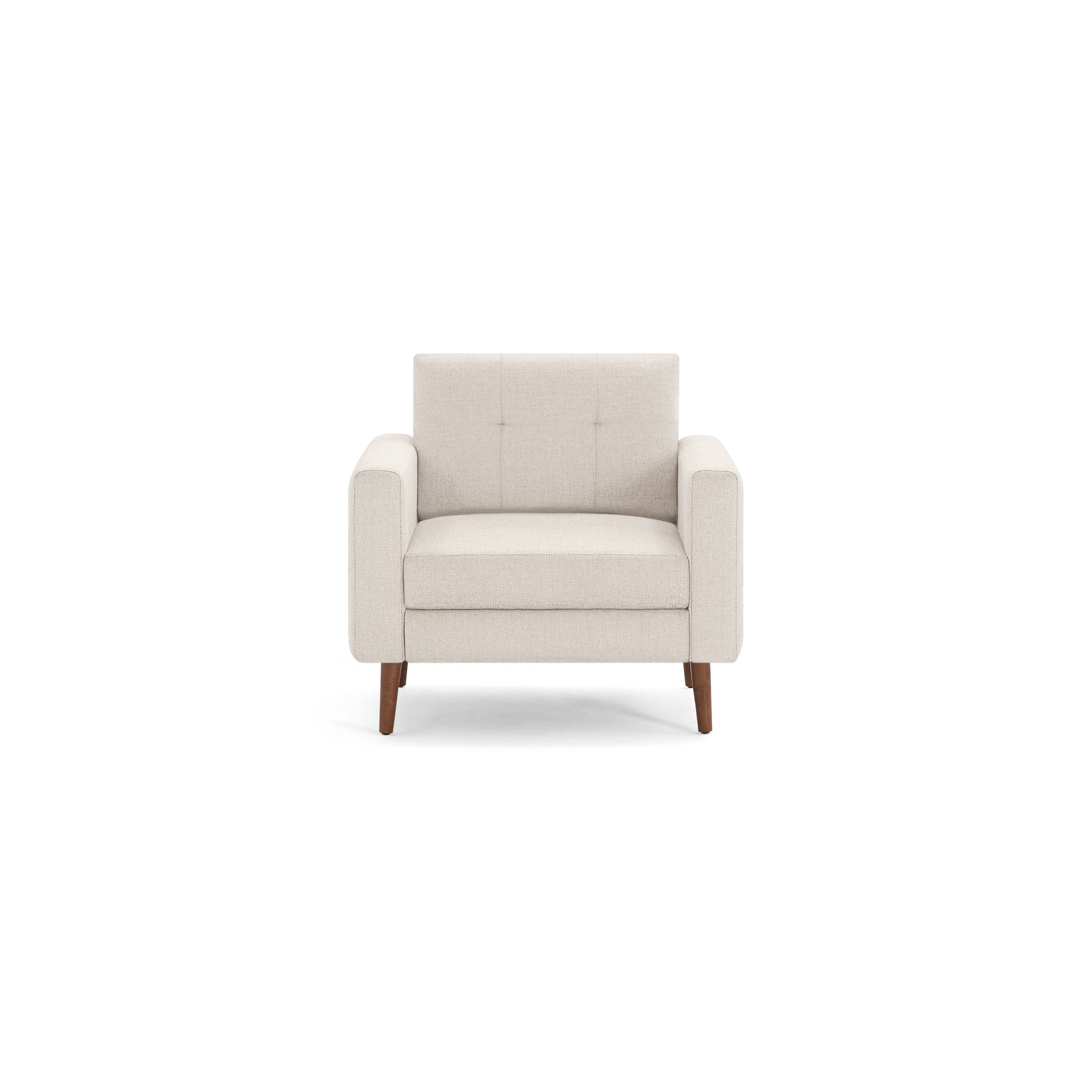 Front view of a beige upholstered armchair with wooden legs and square armrests, showcasing a modern, minimalist design.