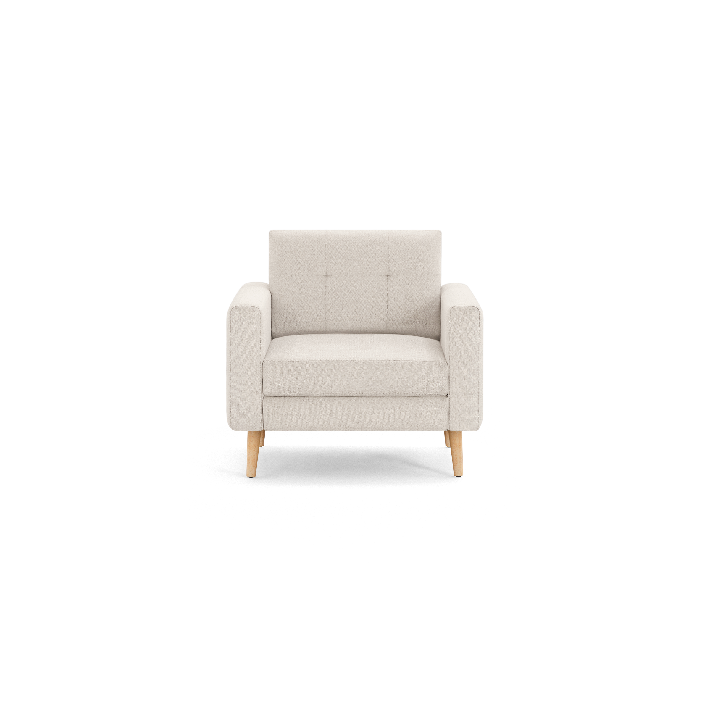 Front view of a modern beige armchair with wooden legs and tufted backrest on a black background.