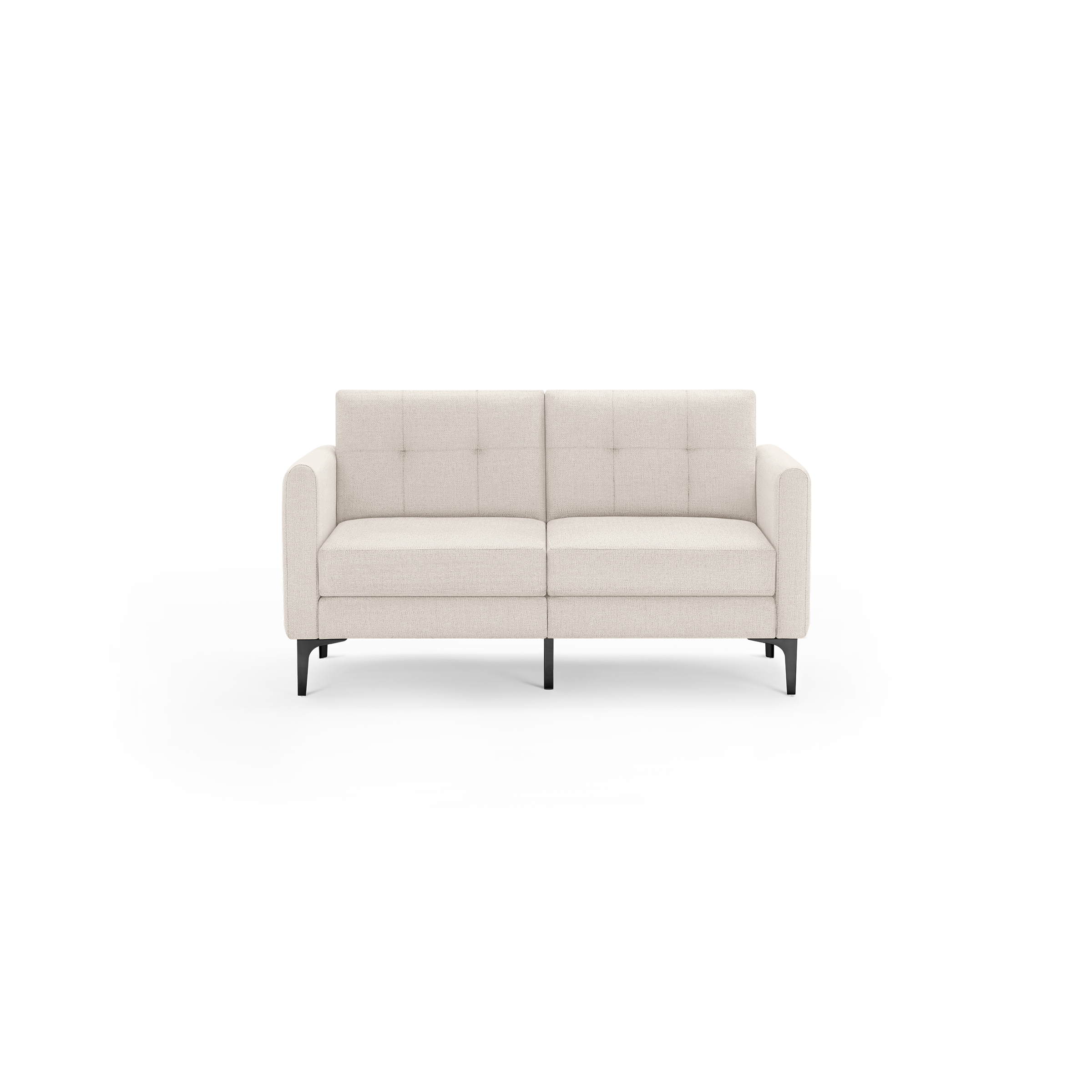 Modern two-seater beige fabric sofa with tufted backrest, high armrests, and black metal legs, isolated on black background.