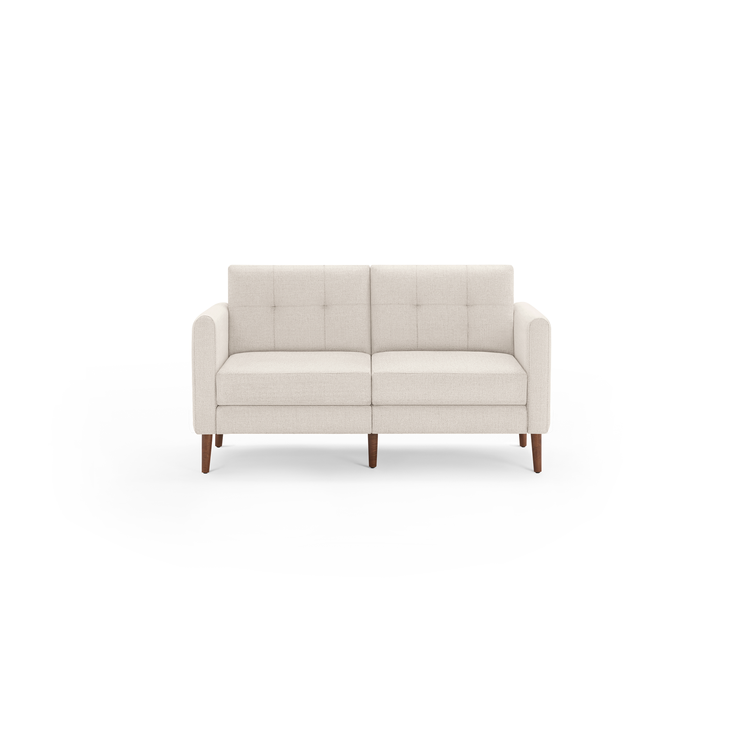 Beige modern loveseat sofa with tufted back cushions, straight armrests, and wooden tapered legs on black background.