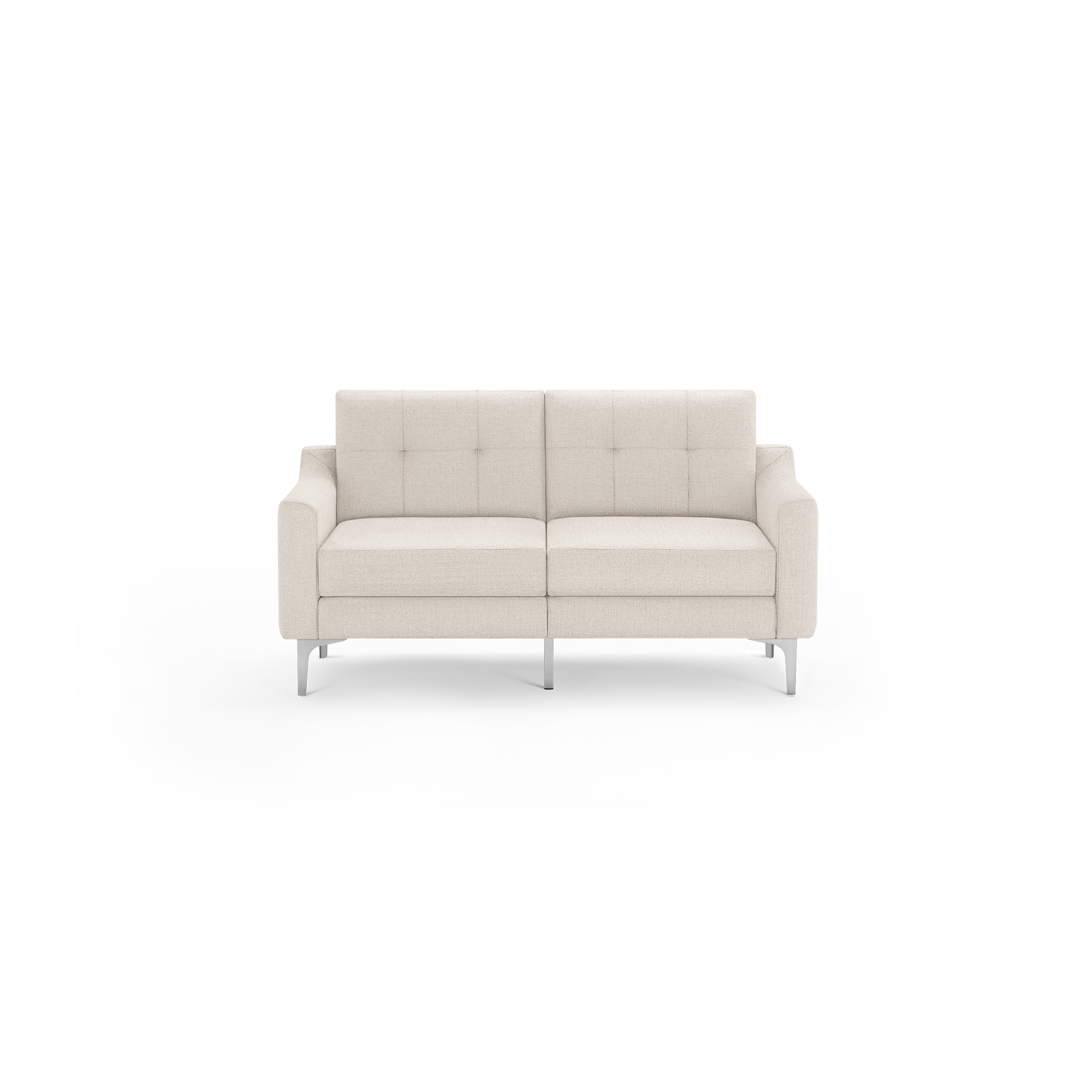 Beige two-seater sofa with cushioned seats and backrests, featuring tufted upholstery and modern metal legs.