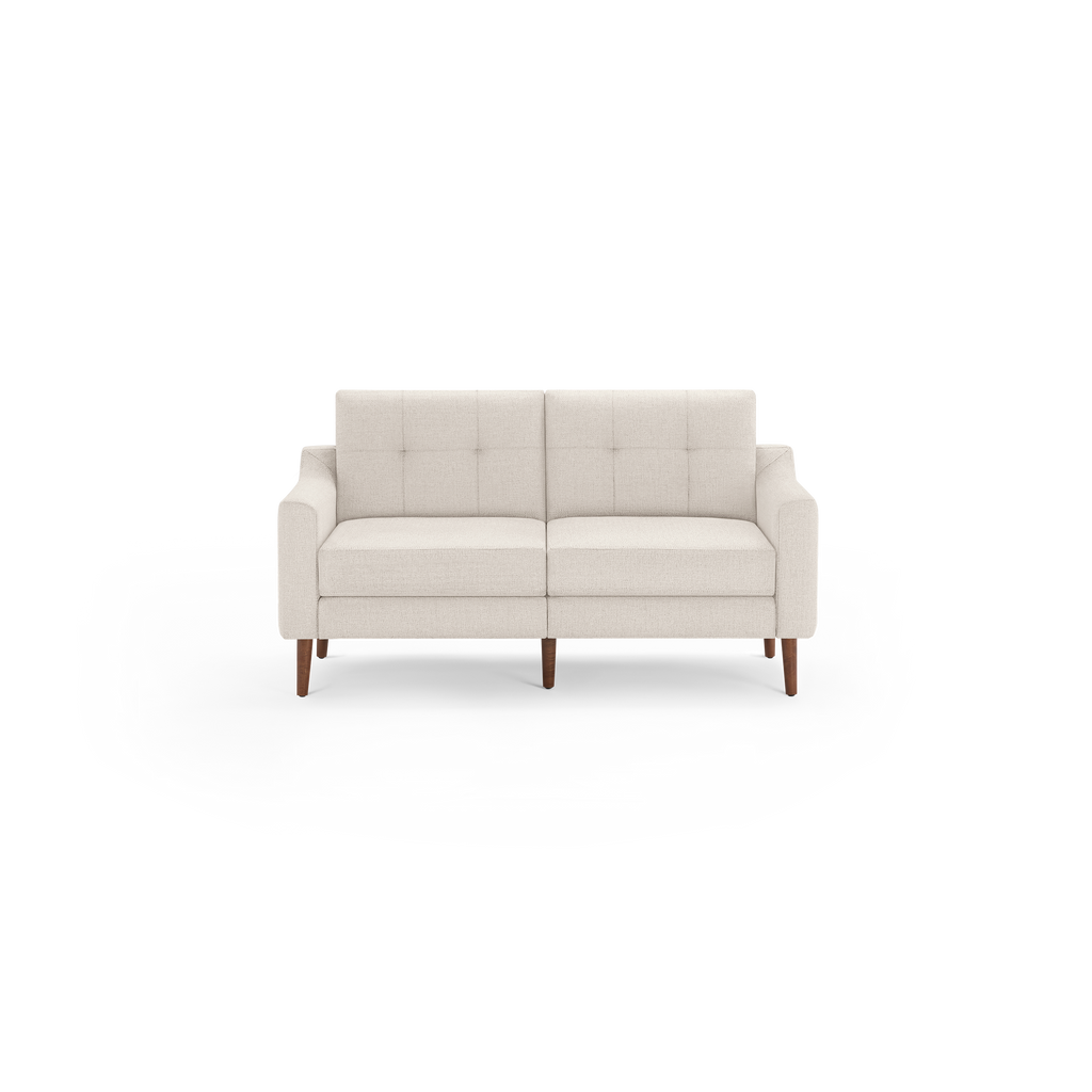 Light beige modern loveseat sofa with tufted back cushions and wooden legs, designed for compact living spaces.
