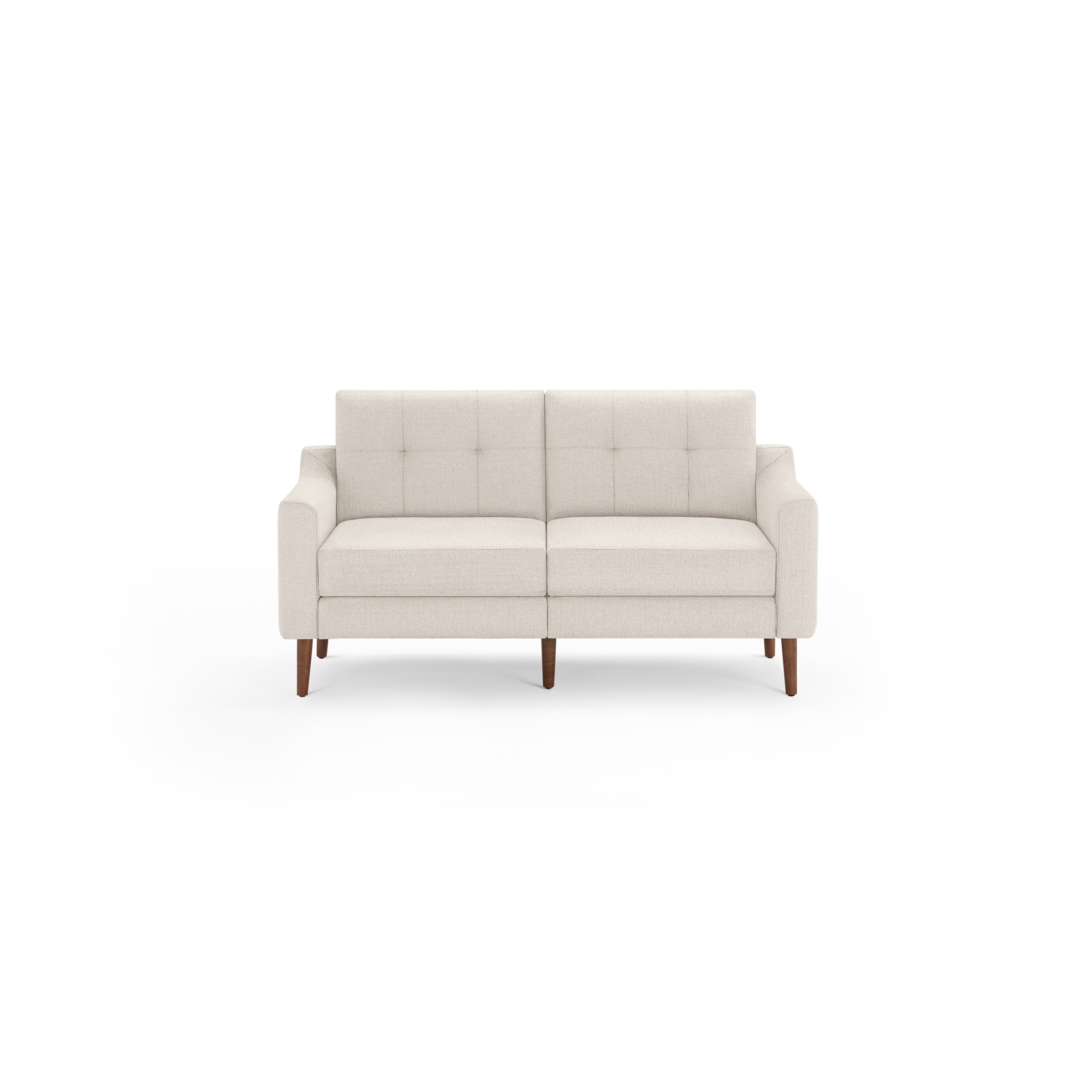 Light beige modern loveseat sofa with tufted back cushions and wooden legs, designed for compact living spaces.
