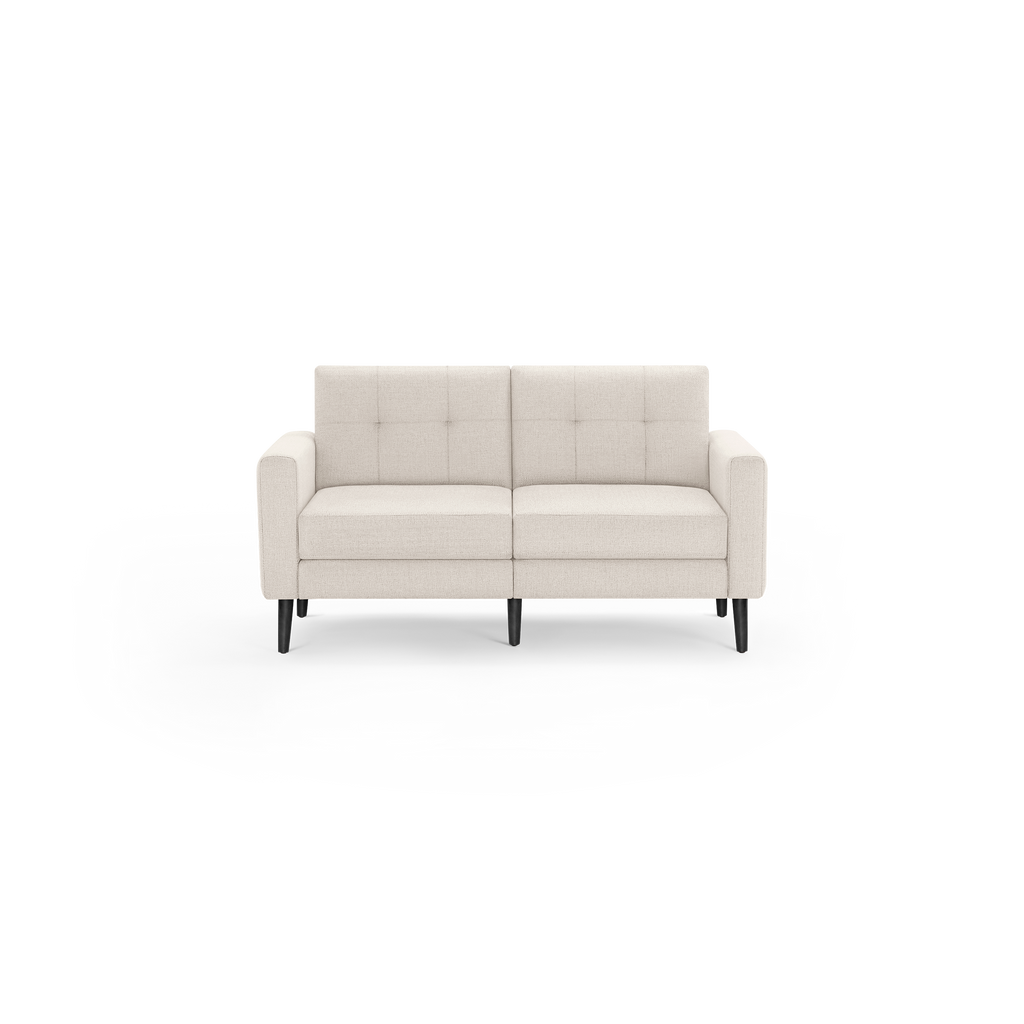 Beige two-seater sofa with tufted backrest, straight armrests, cushioned seats, and black wooden legs, shown on white background.