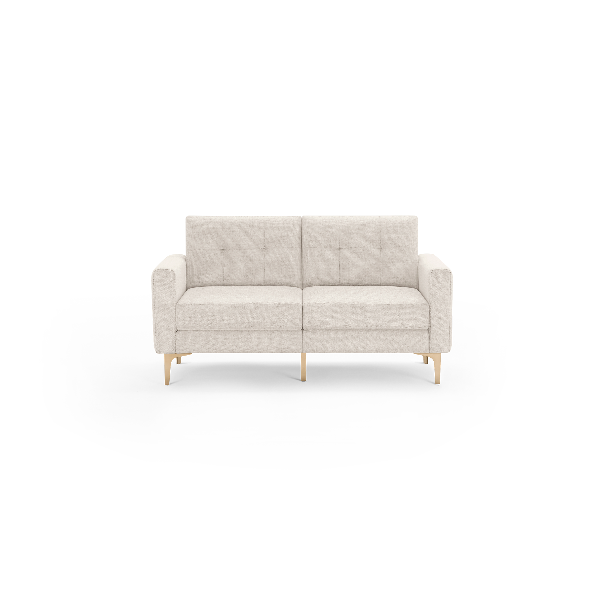 Modern beige fabric two-seater sofa with tufted backrest, square armrests, and light wooden legs against a transparent background.