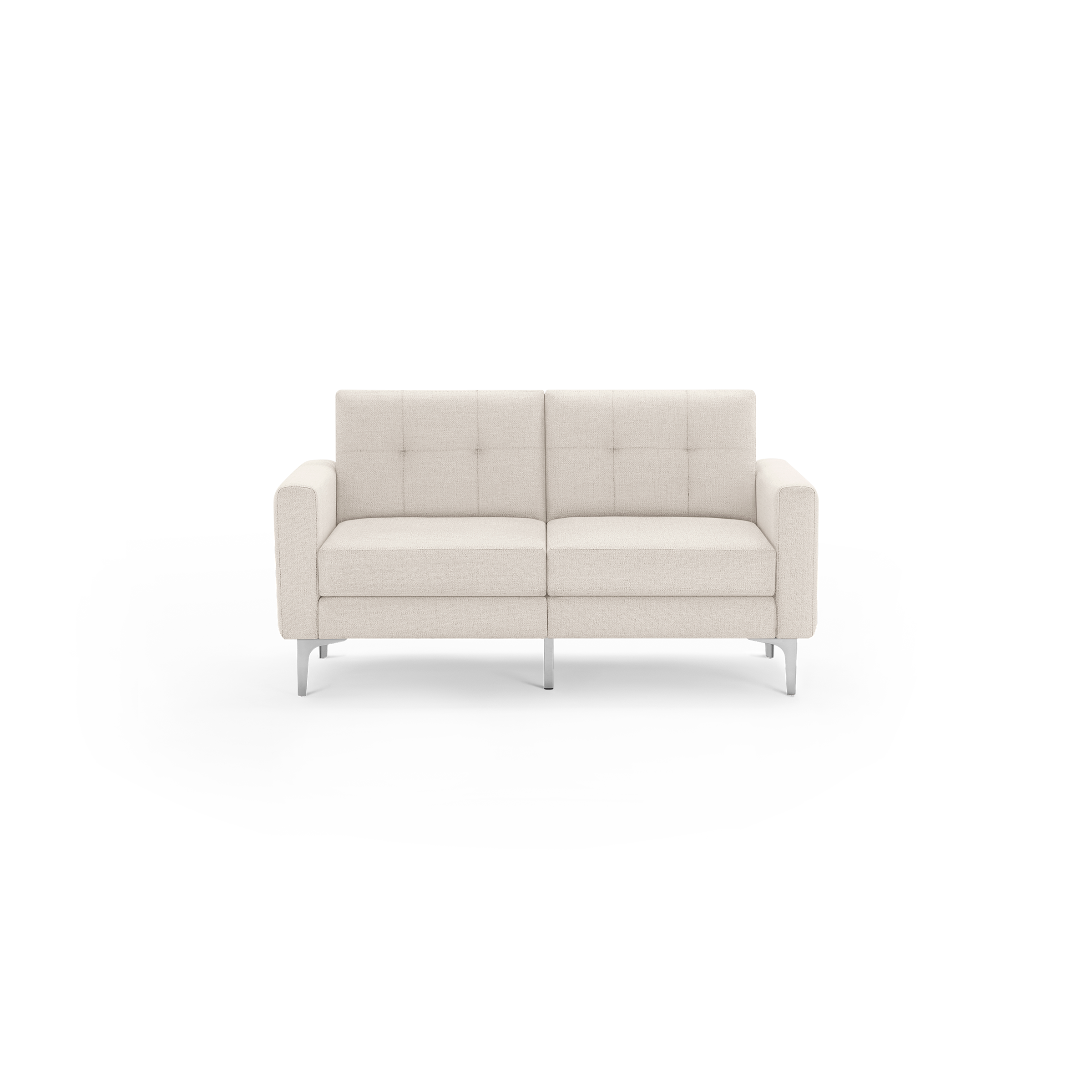 Modern two-seater sofa in light beige fabric with square tufted cushions, straight armrests, and slender silver metal legs.