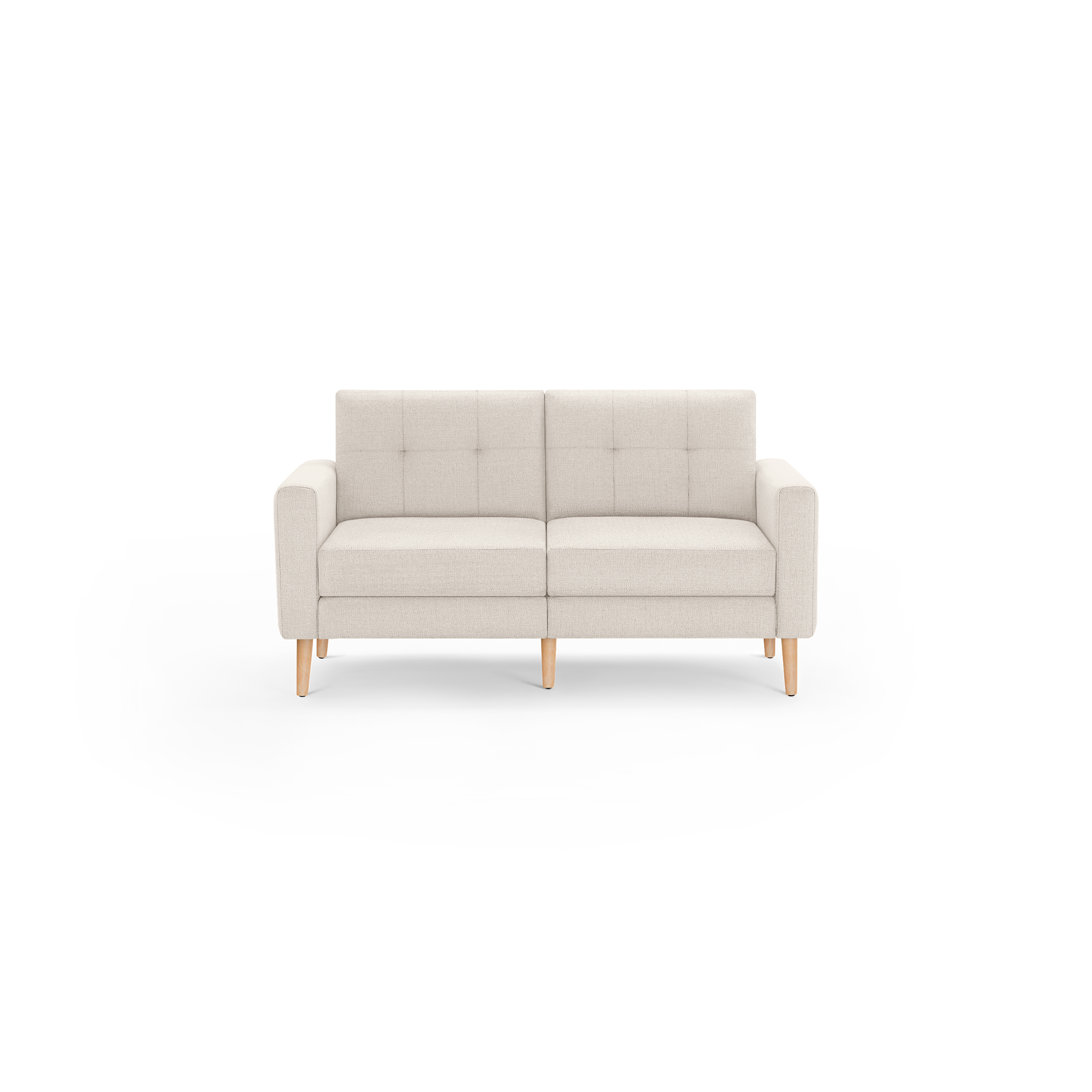 Beige two-seater sofa with tufted backrest, cushioned seats, straight armrests, and light wooden legs against a white background.