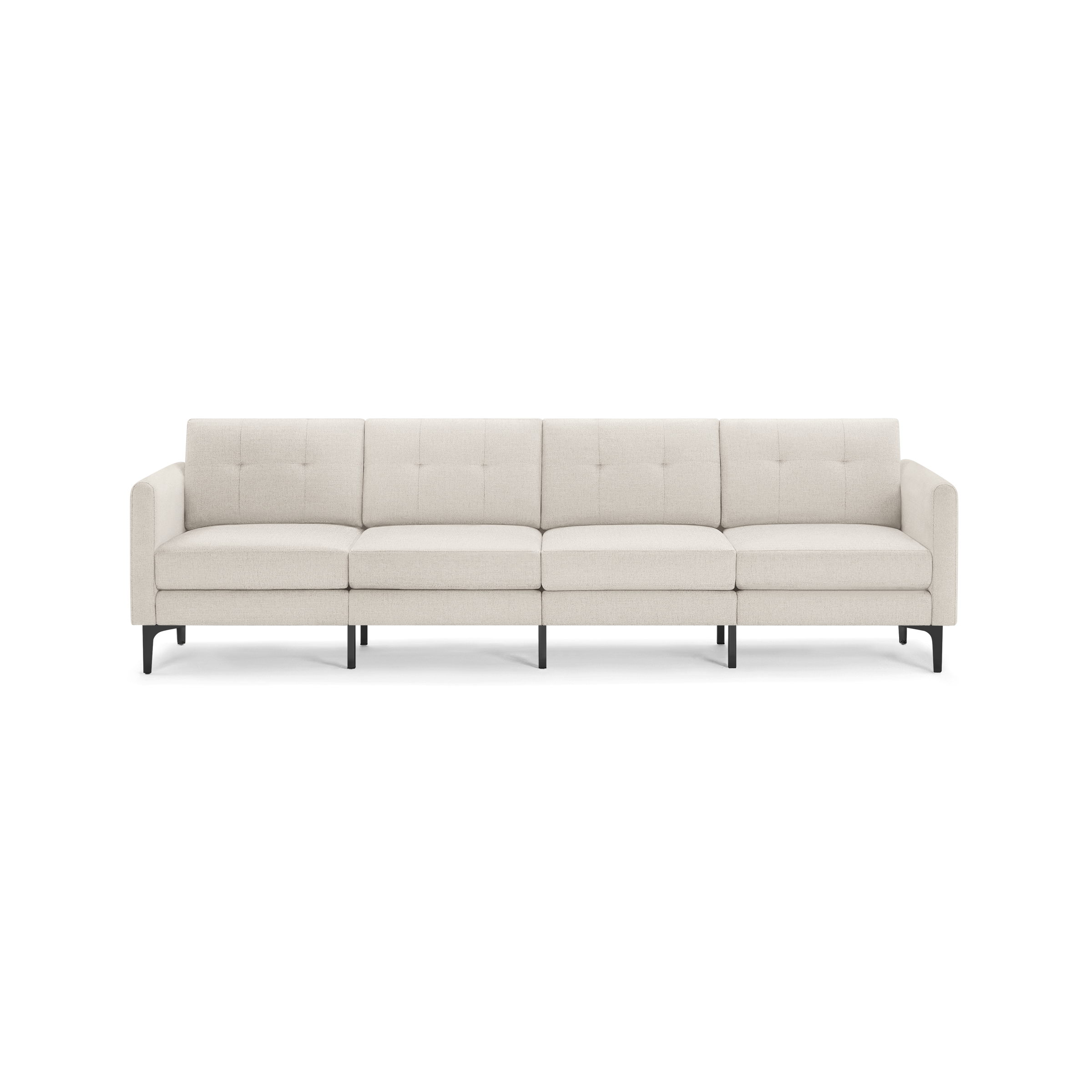 Modern beige four-seater sofa with tufted back cushions, slim armrests, and black metal legs on a white background.