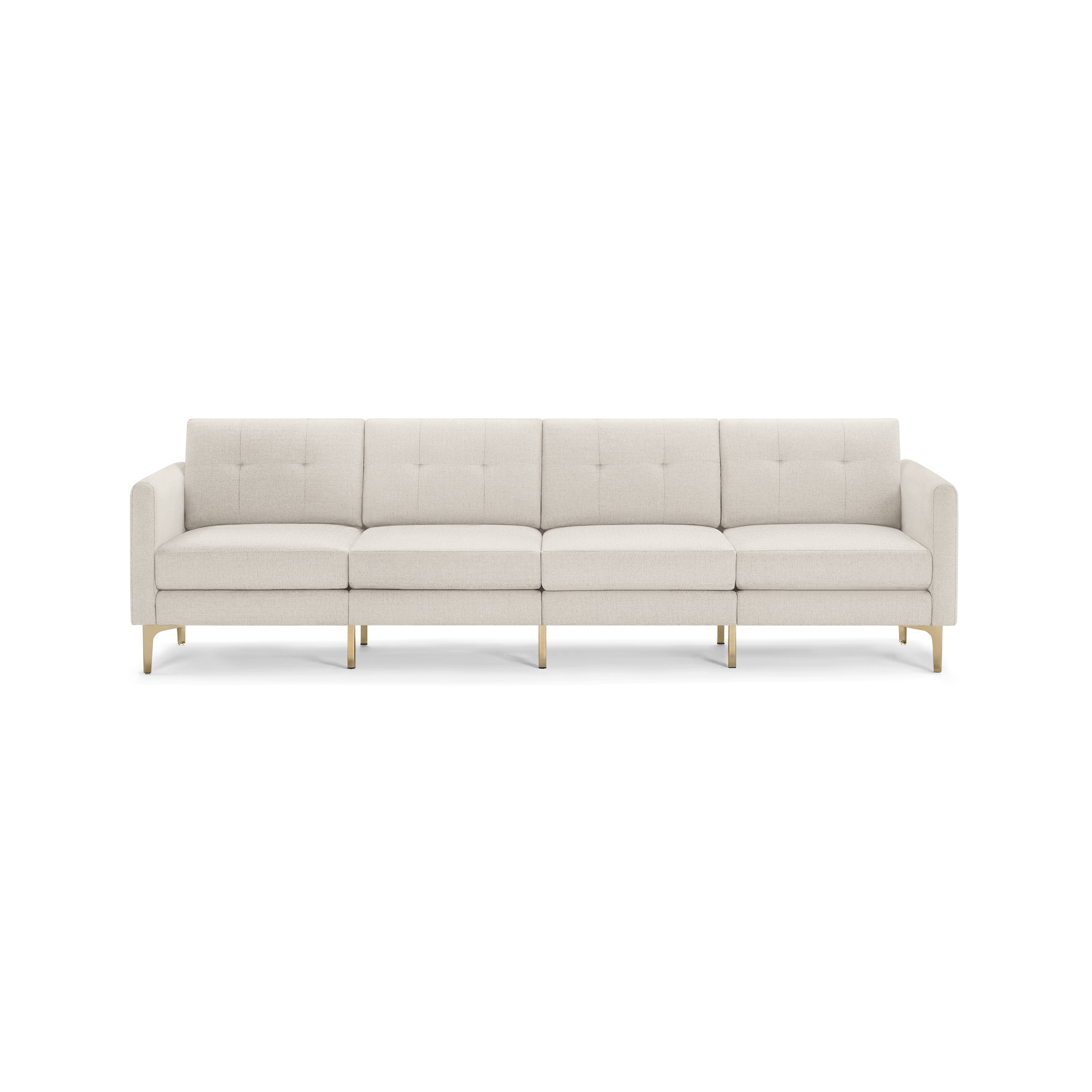 Long modern beige fabric sofa with four seat cushions and gold metallic legs, featuring a tufted backrest and straight armrests.