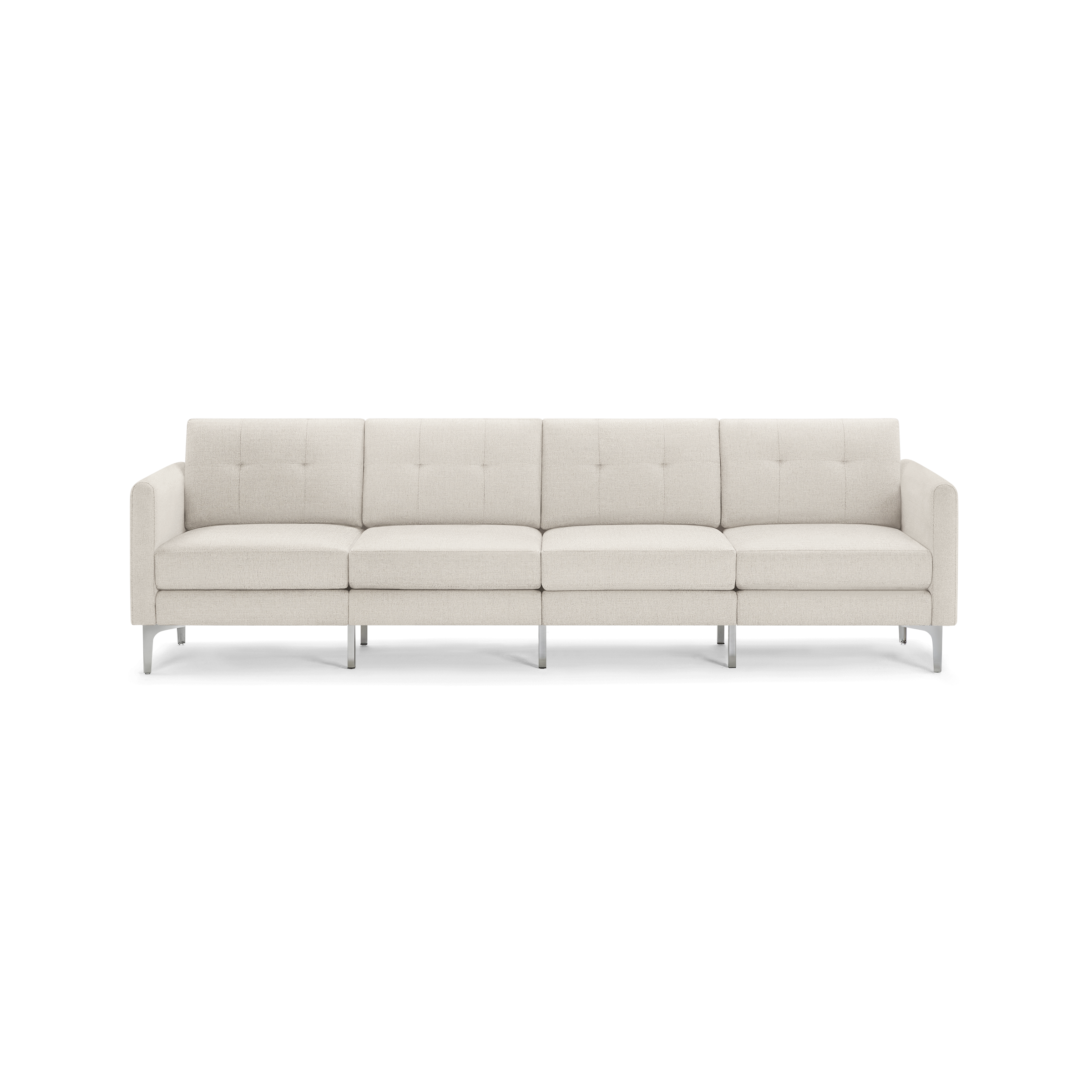 Four-seater modern beige fabric sofa with tufted back cushions and slim metal legs, featuring squared armrests.