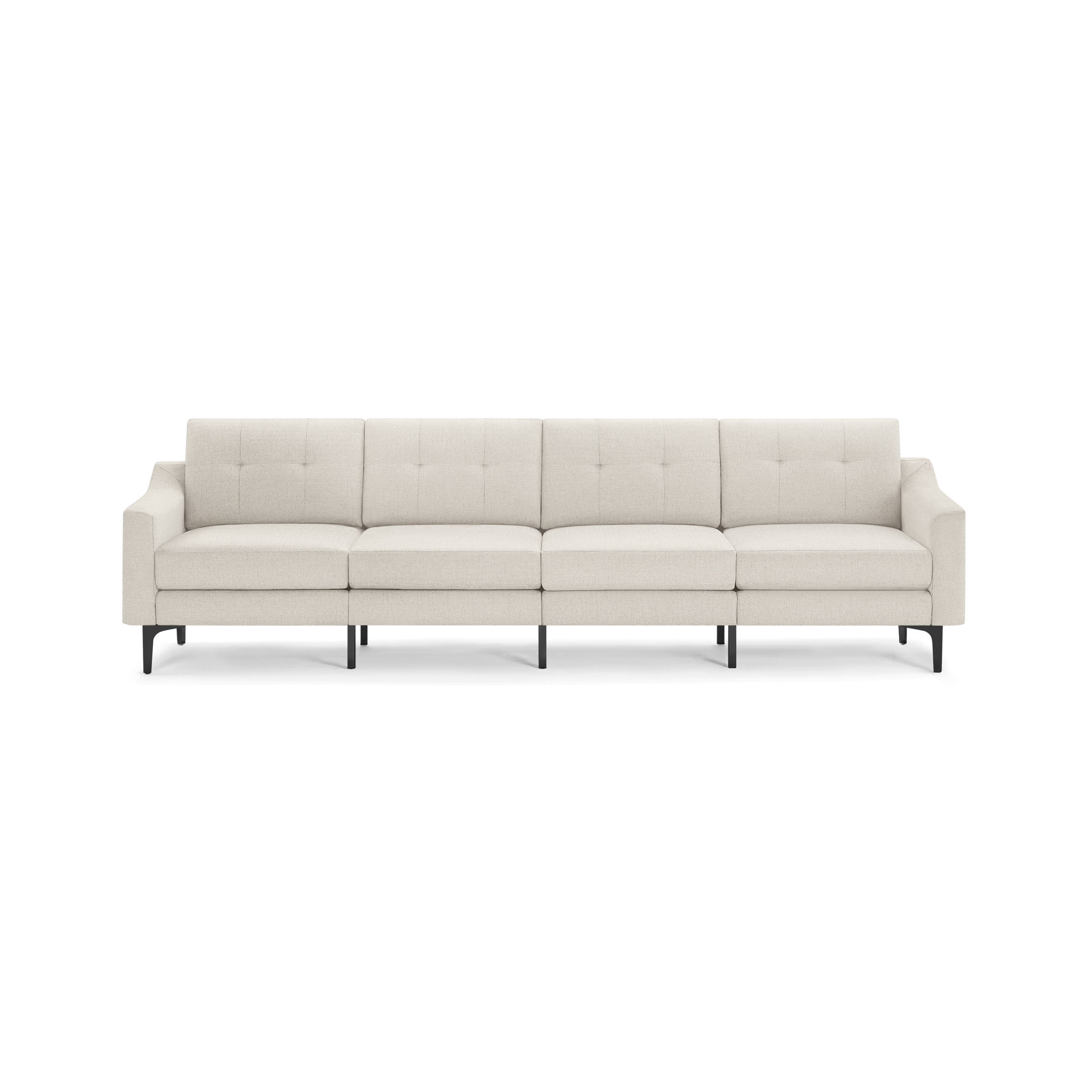 Modern beige fabric four-seater sofa with tufted back cushions, straight armrests, and black metal legs.