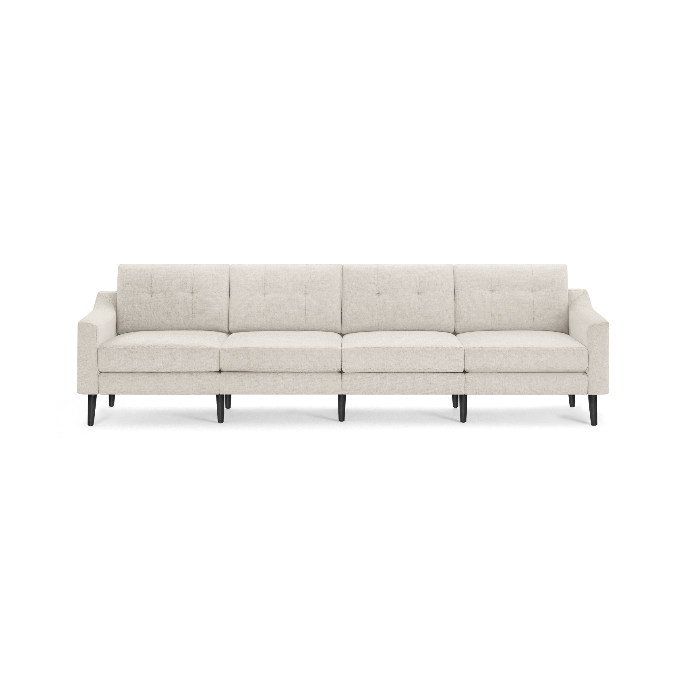 Modern beige four-seat sofa with tufted back cushions, slim armrests, and dark wooden legs on a transparent background.