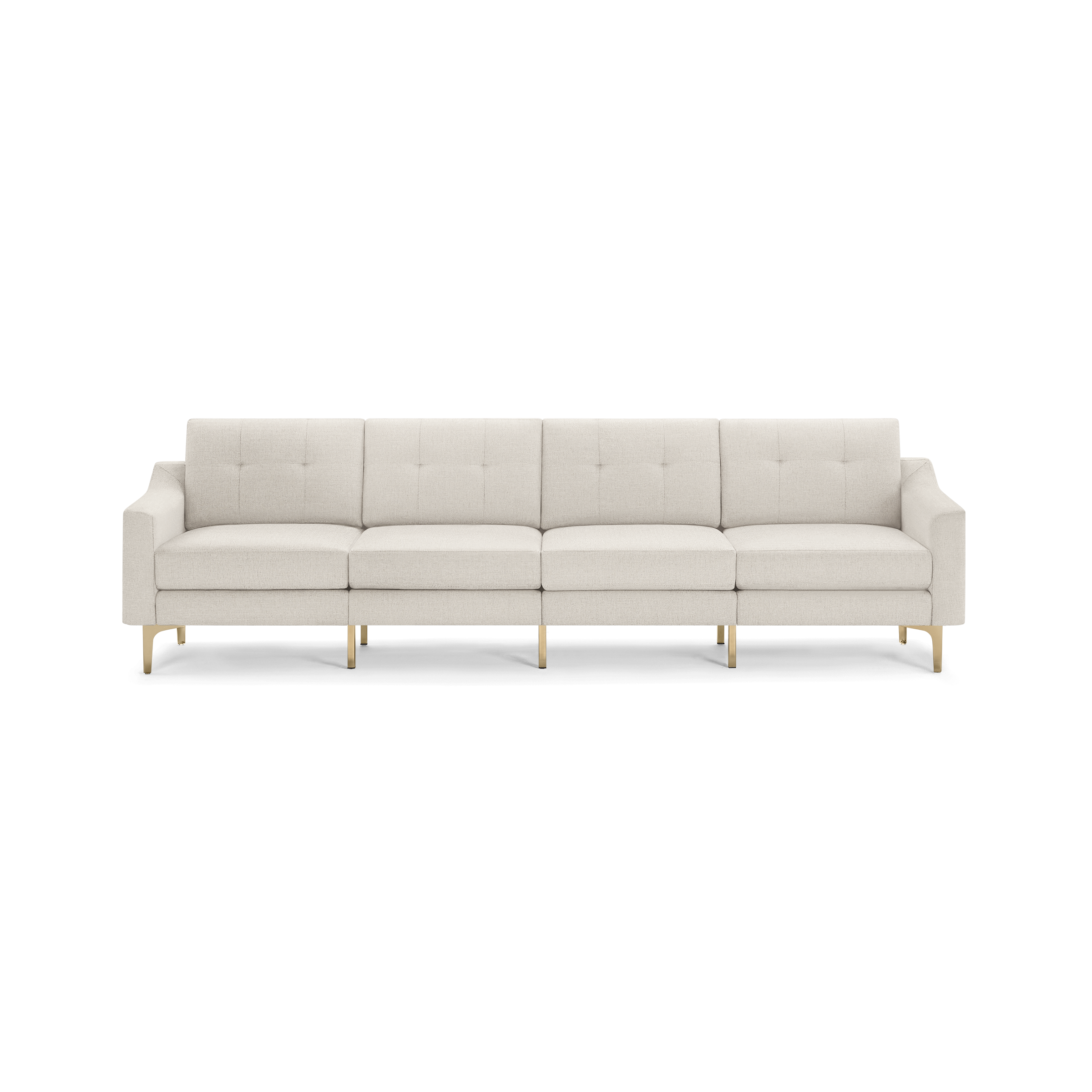 Modern four-seater beige fabric sofa with tufted back cushions and slim gold metal legs on a white background.