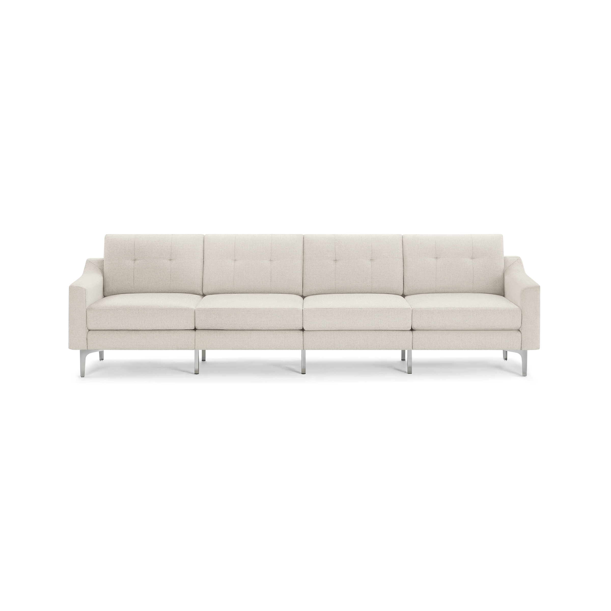 Modern four-seat sofa with beige fabric upholstery, tufted back cushions, squared arms, and metal legs.