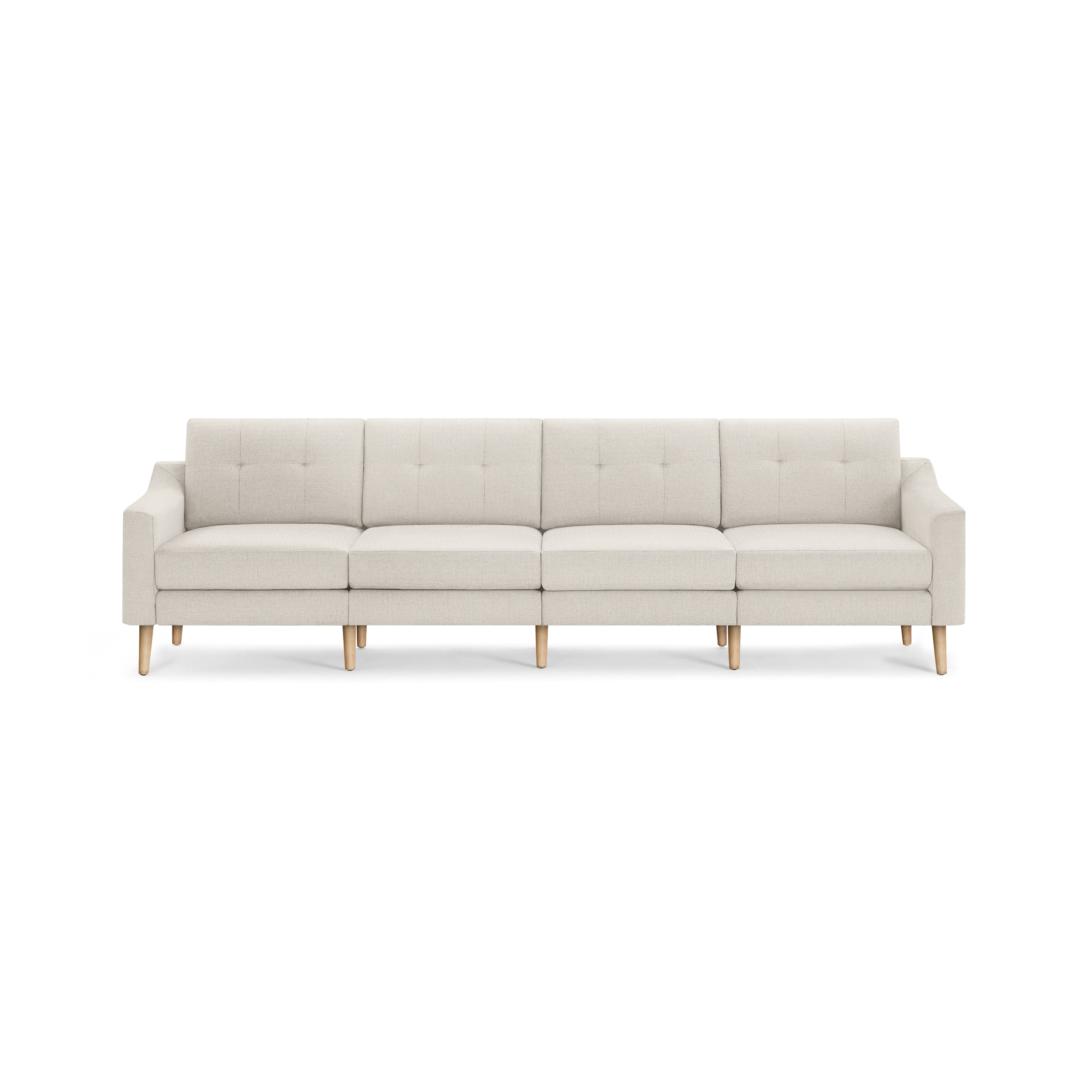 Light beige modern sectional sofa with tufted back cushions, clean lines, and wooden legs, designed for spacious seating.