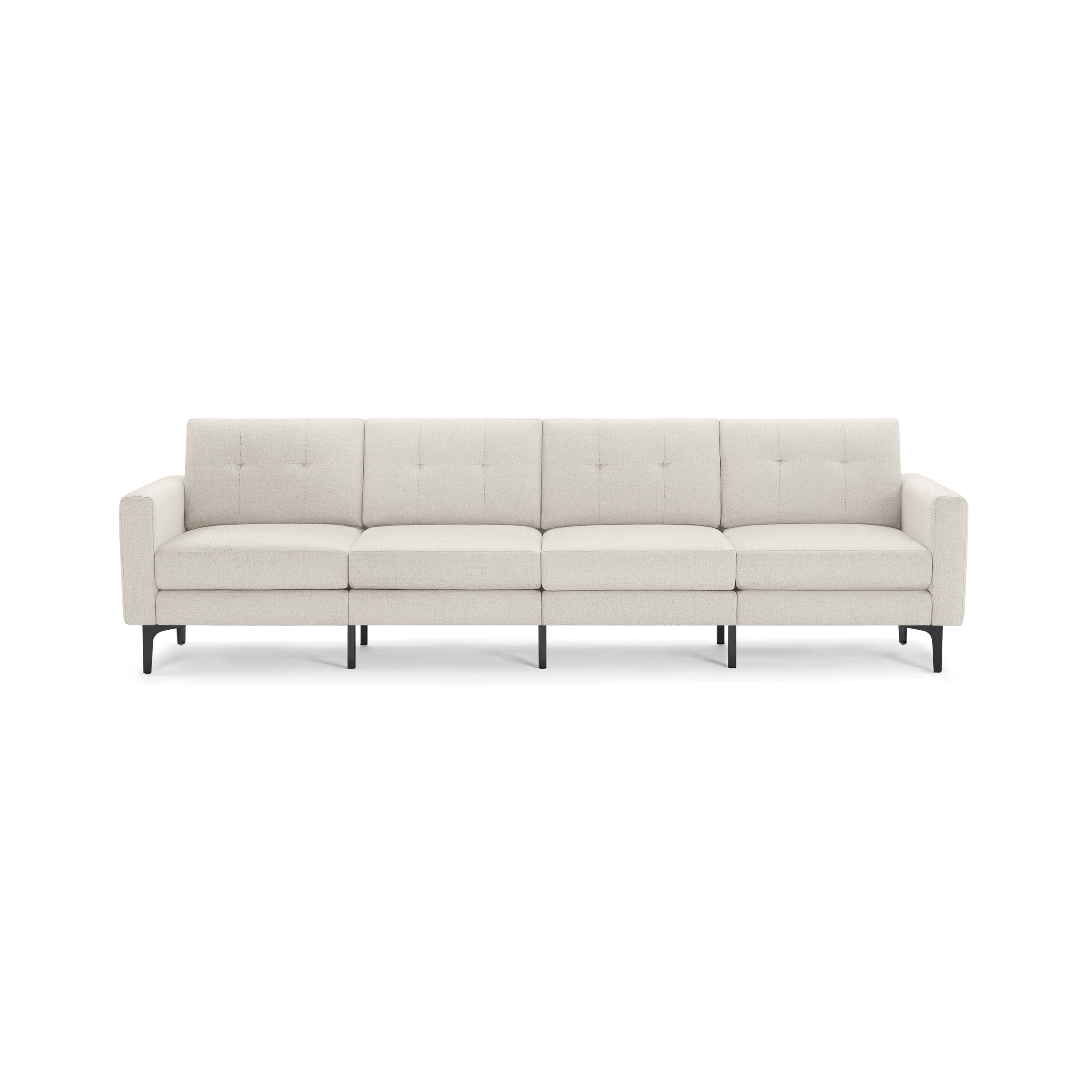 Four-seater modern sofa with light beige fabric upholstery, tufted back cushions, square arms, and black metal legs.