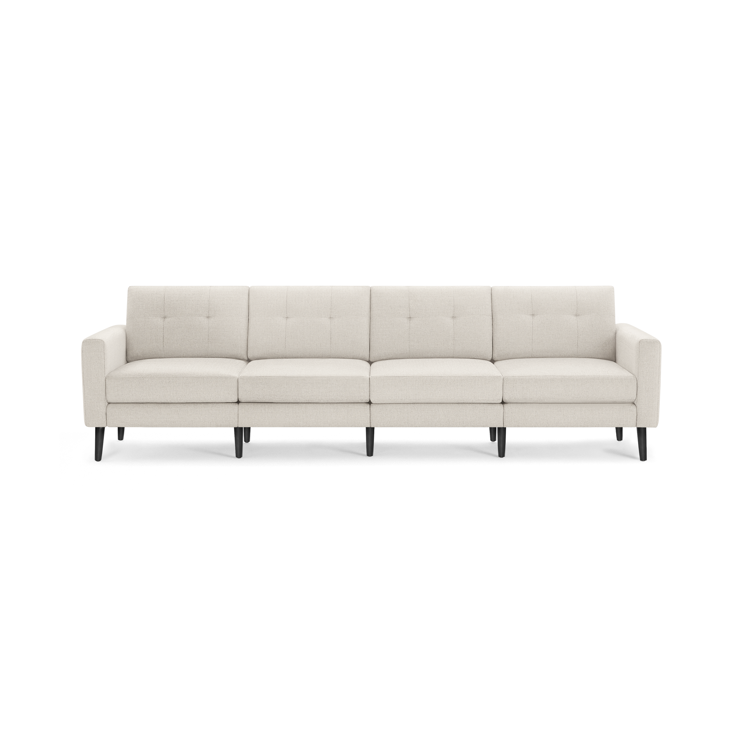 Beige four-seater sofa with tufted back cushions, straight arms, and black wooden legs, modern minimalist design.