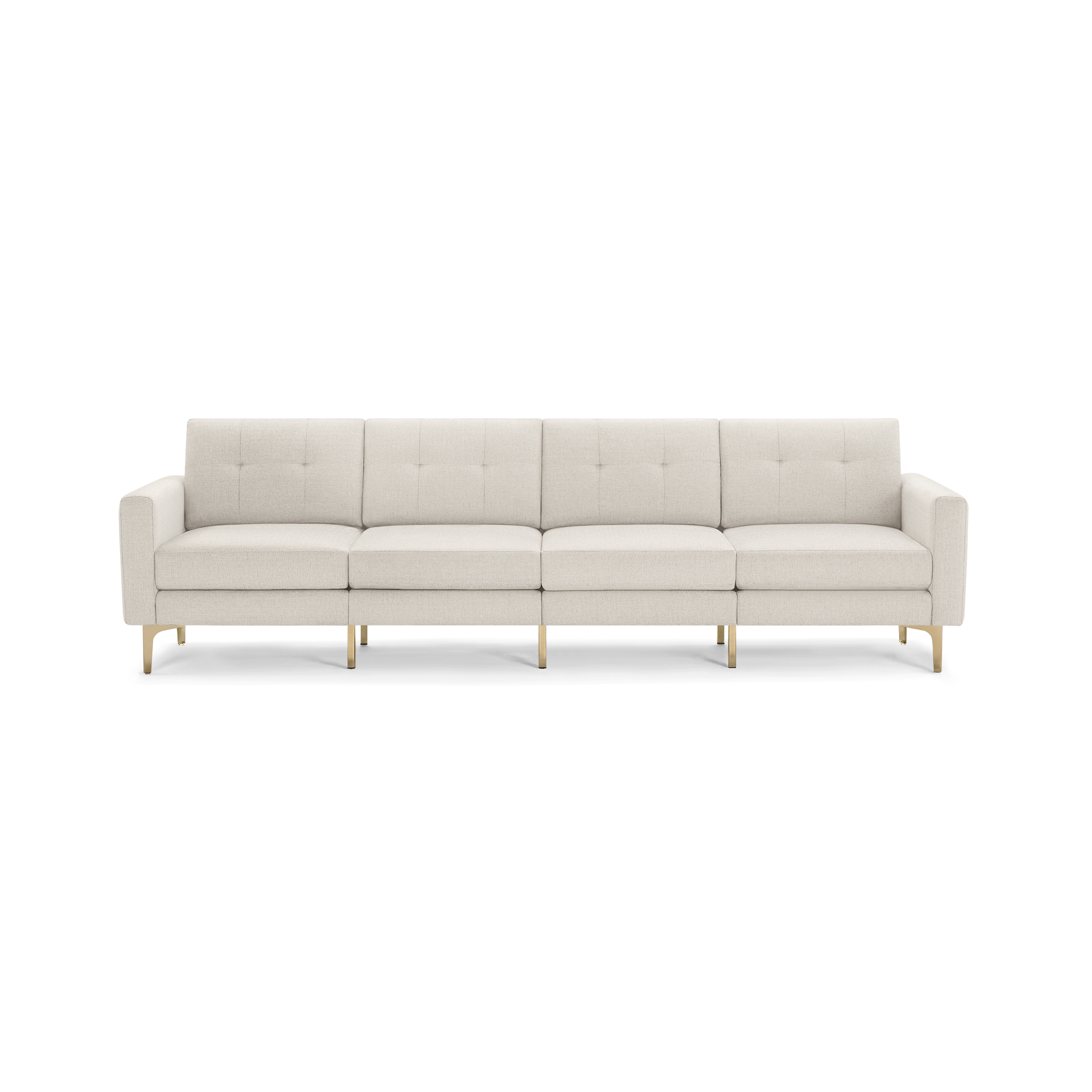 Modern four-seater beige fabric sofa with tufted back cushions and gold metal legs, showcasing clean lines and a contemporary design.