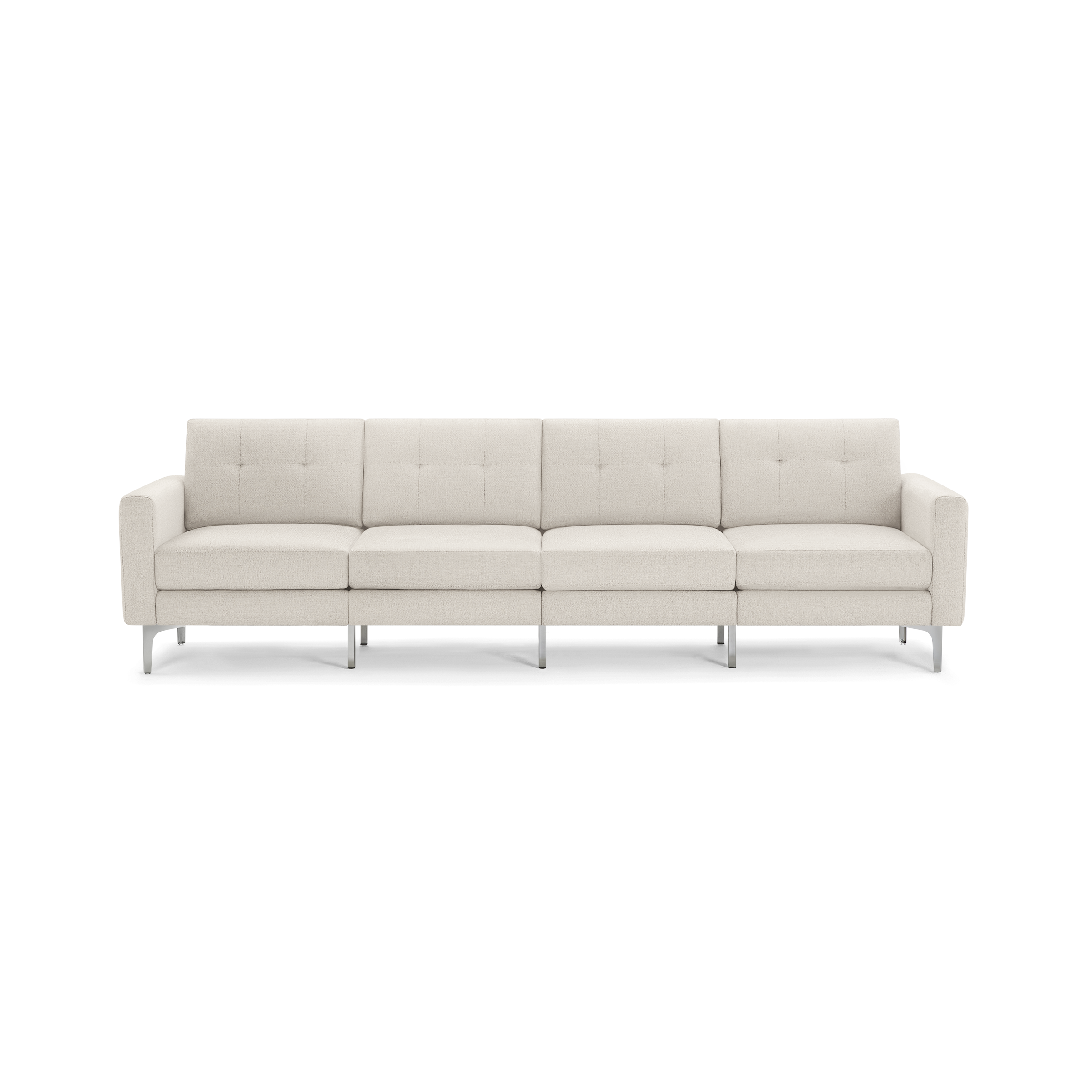 Beige four-seater modern sofa with tufted cushions, straight armrests, and sleek metal legs on a transparent background.