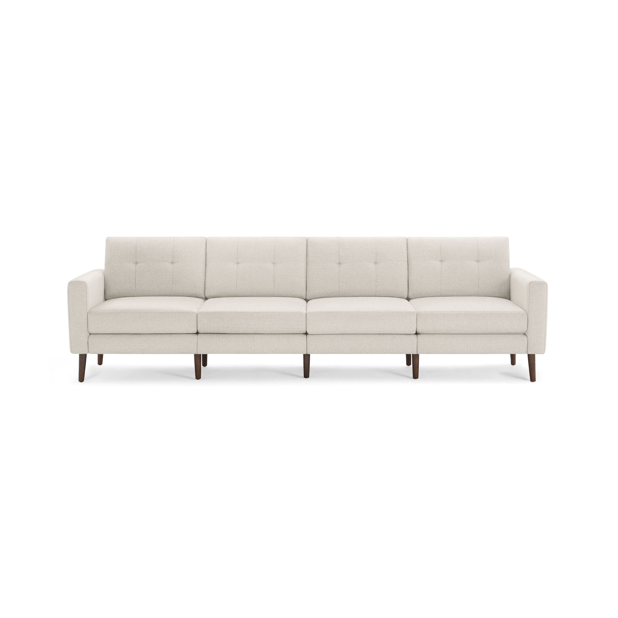 Modern beige fabric four-seater sofa with tufted backrests and wooden legs, featuring clean lines and a minimalist design.