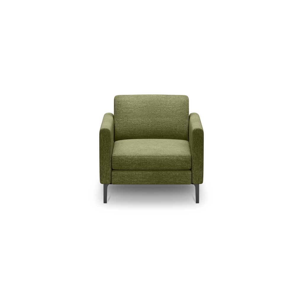 Modern olive green upholstered armchair with rectangular cushions and sleek black metal legs, shown against a black background.