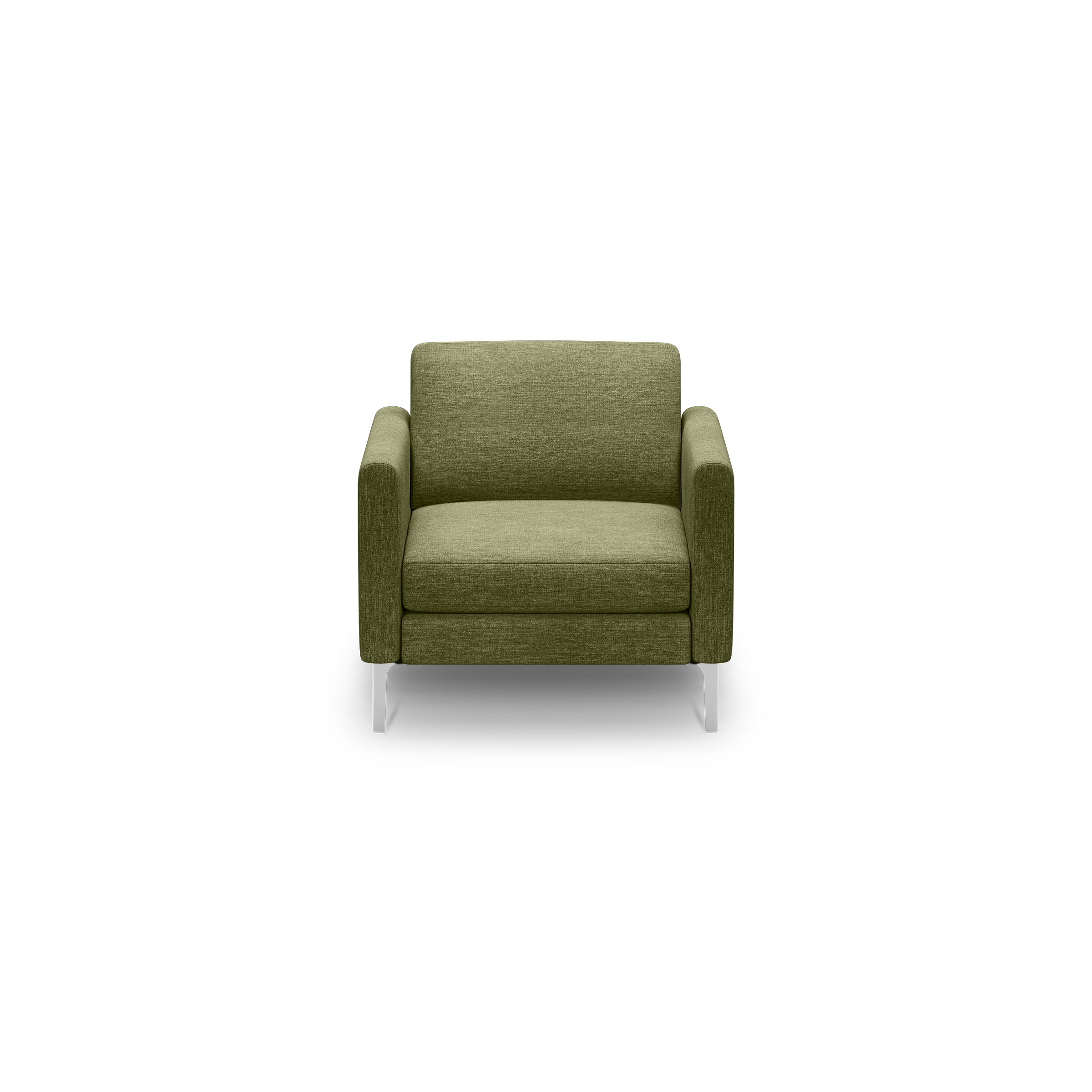 Olive green upholstered armchair with clean lines, cushioned seat and backrest, and slim silver metal legs.