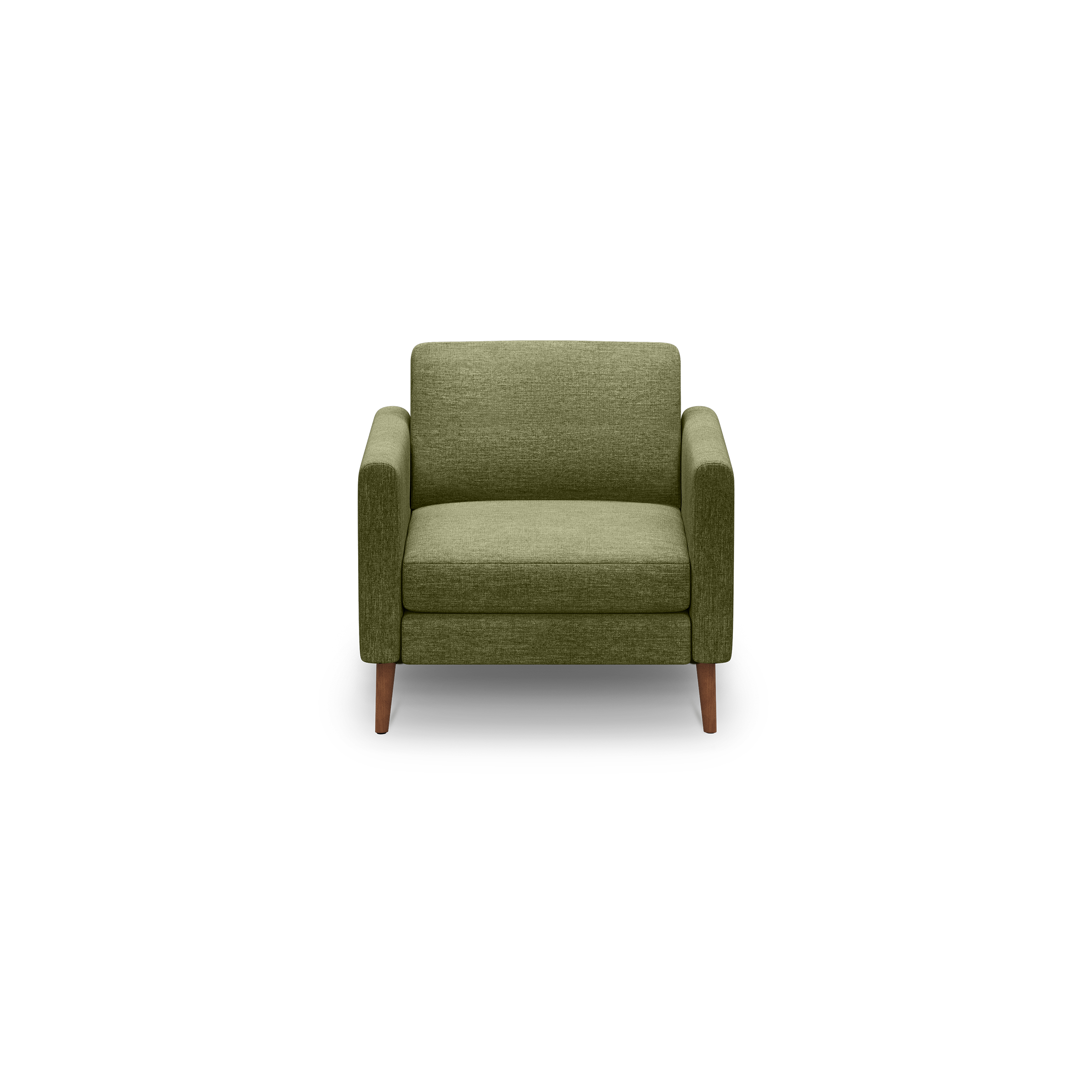 Olive green modern armchair with padded seat, straight armrests, and wooden tapered legs on black background.
