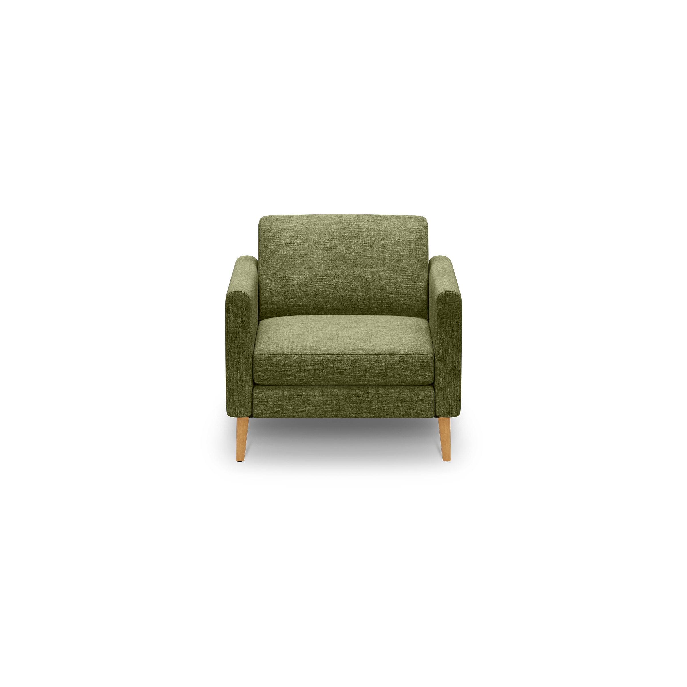Green upholstered armchair with wooden legs, featuring square arms and a cushioned seat and backrest, isolated on black background.
