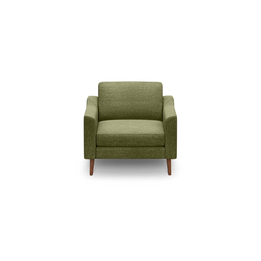 Modern olive green upholstered armchair with clean lines, padded arms, and wooden tapered legs, shown against black background.