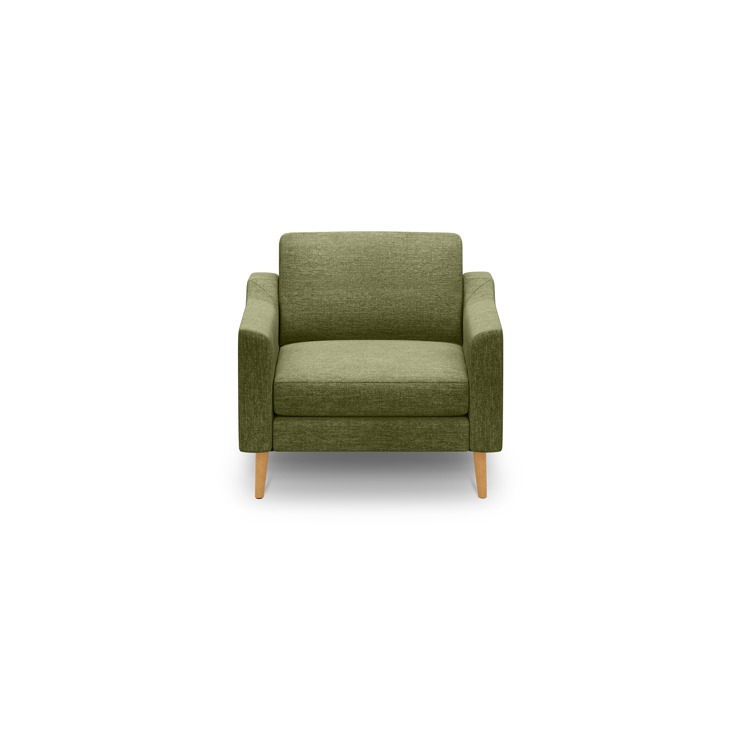 Green upholstered armchair with wooden legs, straight arms, and a cushioned seat and backrest, set against black background.