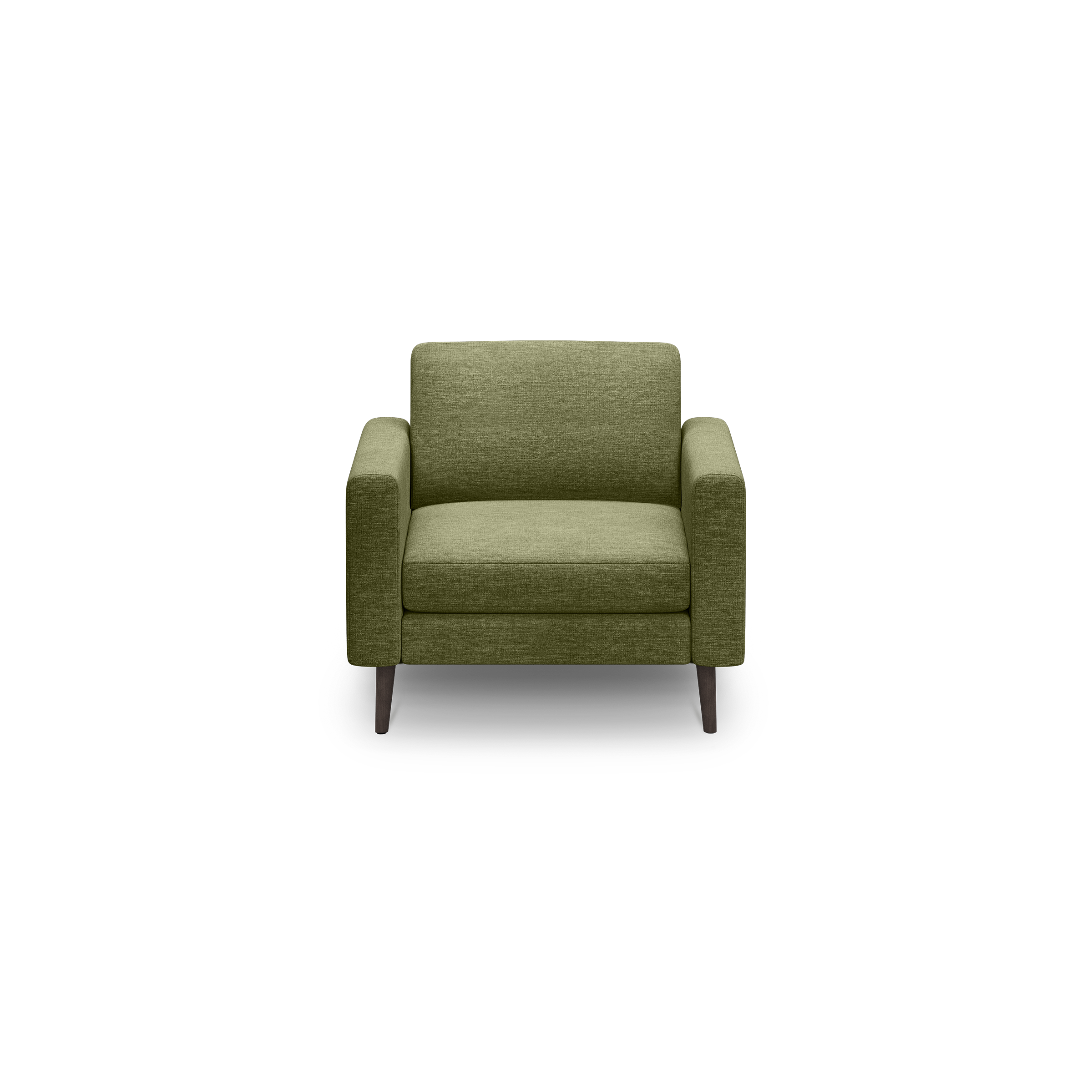 Modern olive green upholstered armchair with straight armrests and dark wooden legs on black background.