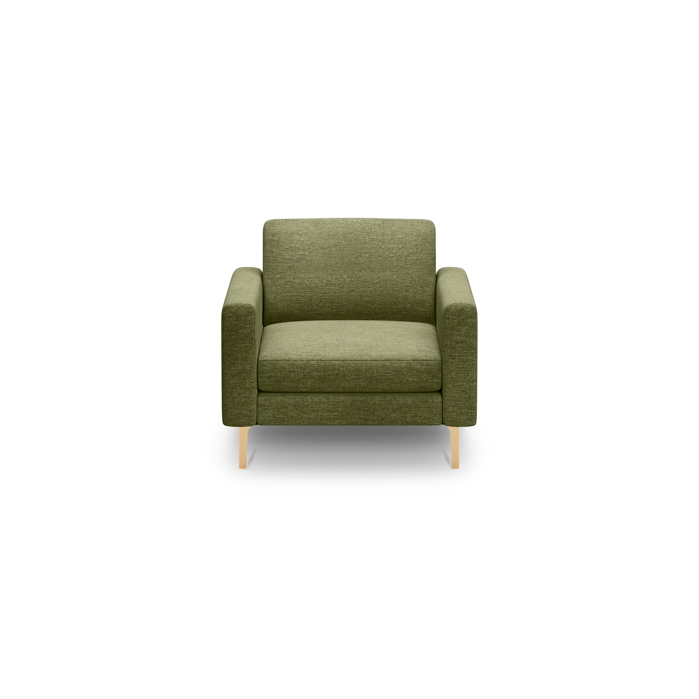 Modern olive green single-seater armchair with cushioned seat and backrest, supported by light wooden legs.