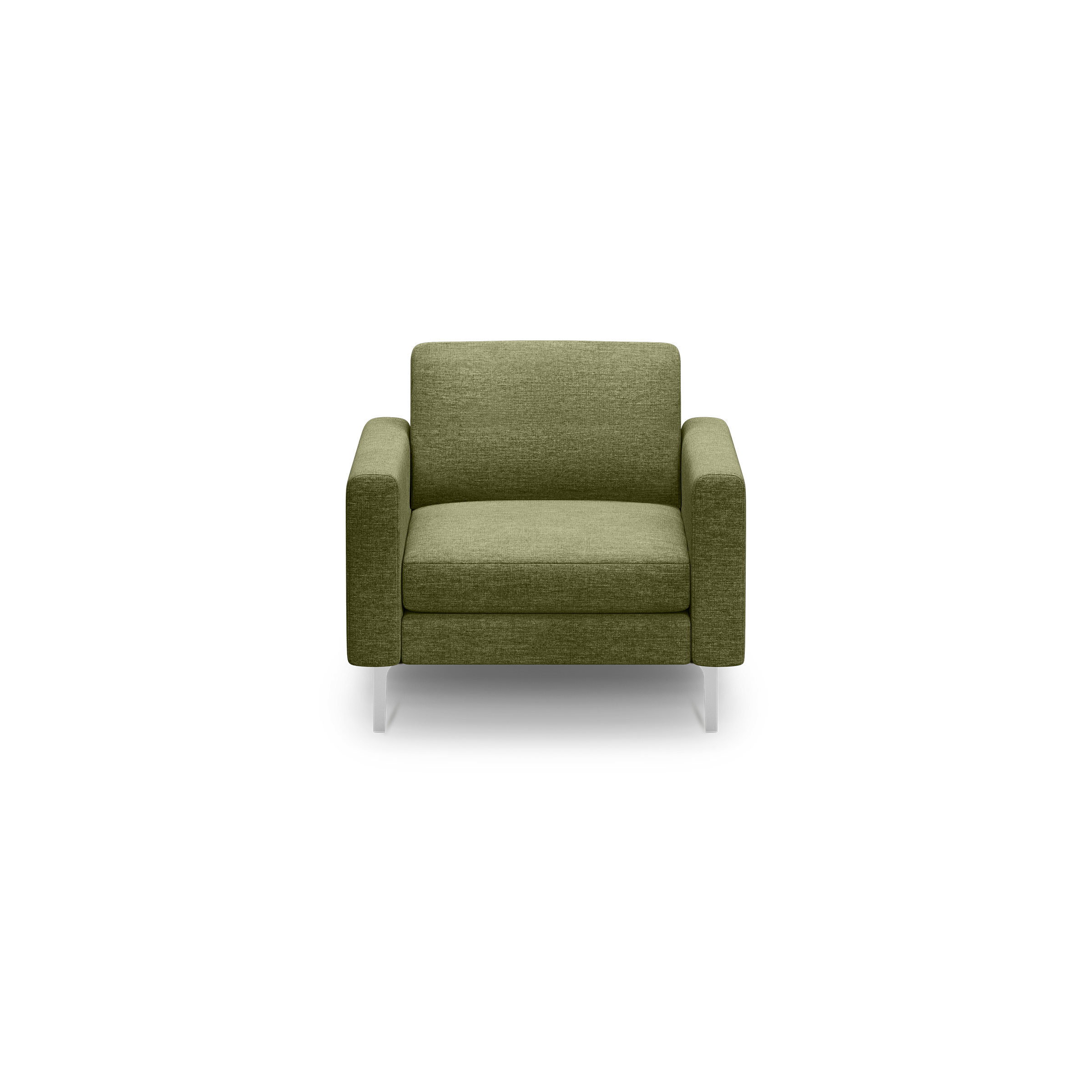 Front view of a modern olive green upholstered armchair with straight arms and metal legs on black background.