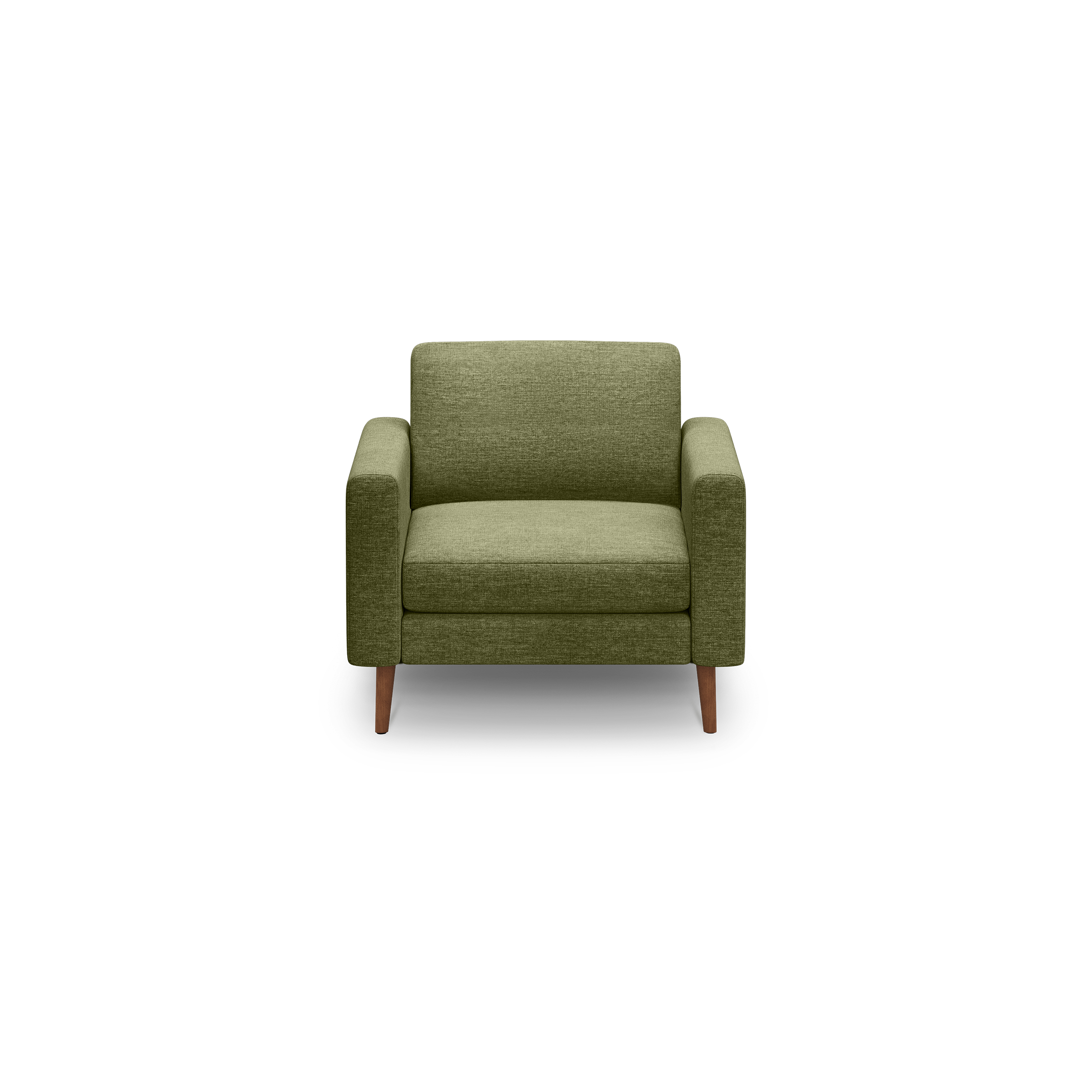 Green upholstered single-seat armchair with fabric texture and wooden tapered legs on a black background.