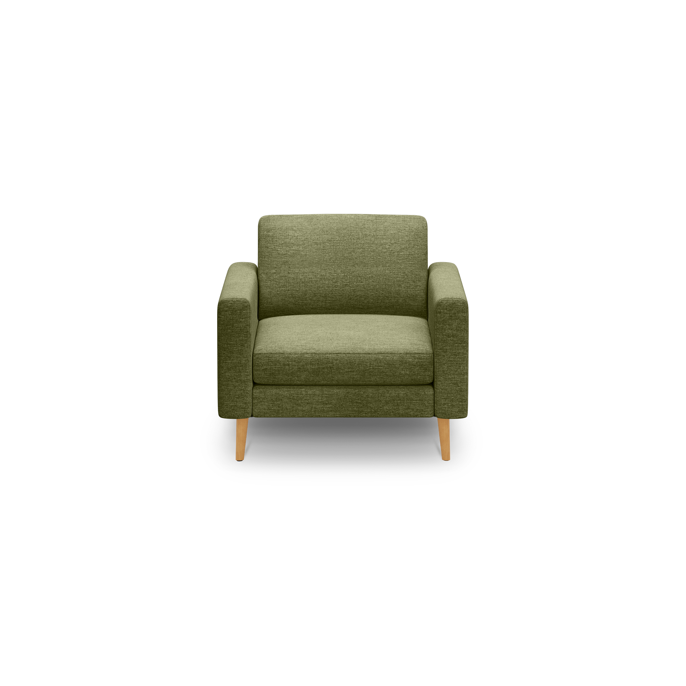 Front view of a modern olive green upholstered armchair with wooden legs against a black background.